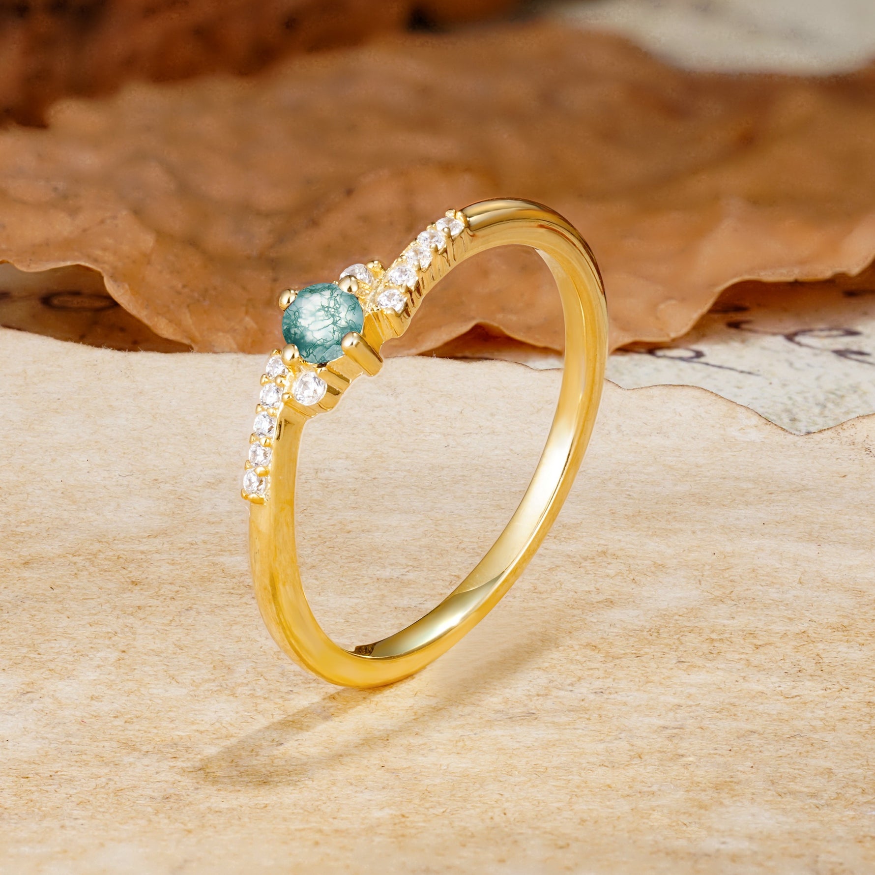 Simple Classic 4-Prong Round Cut Moss Agate Side Stone Engagement Ring - Additional view