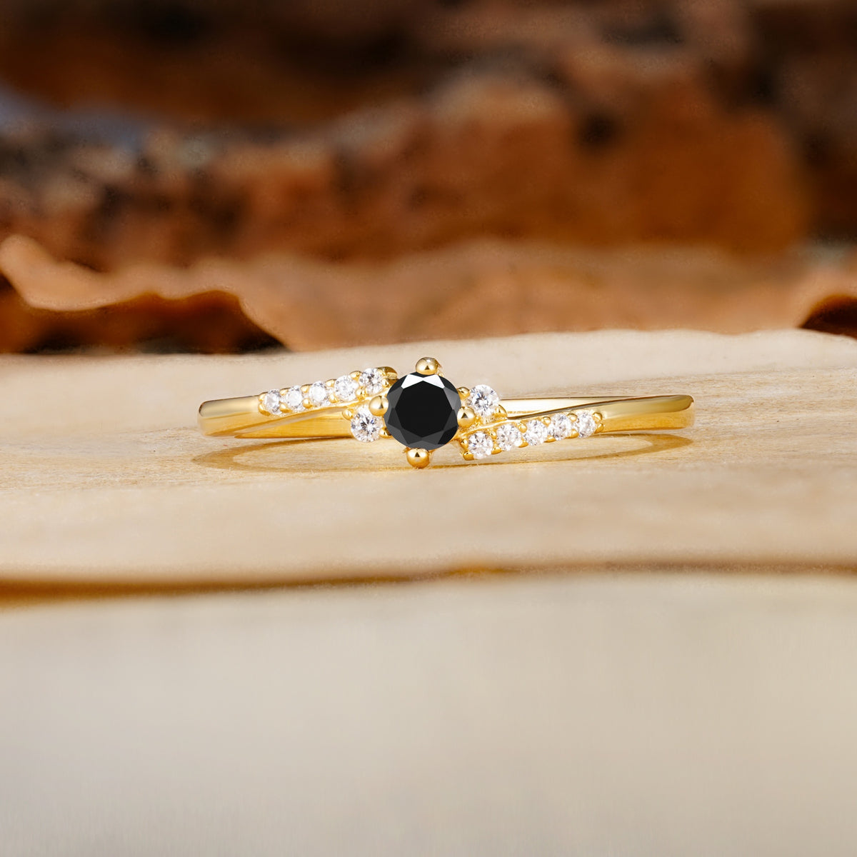 Simple Classic 4-Prong Round Cut Black Onyx Side Stone Engagement Ring - Additional view