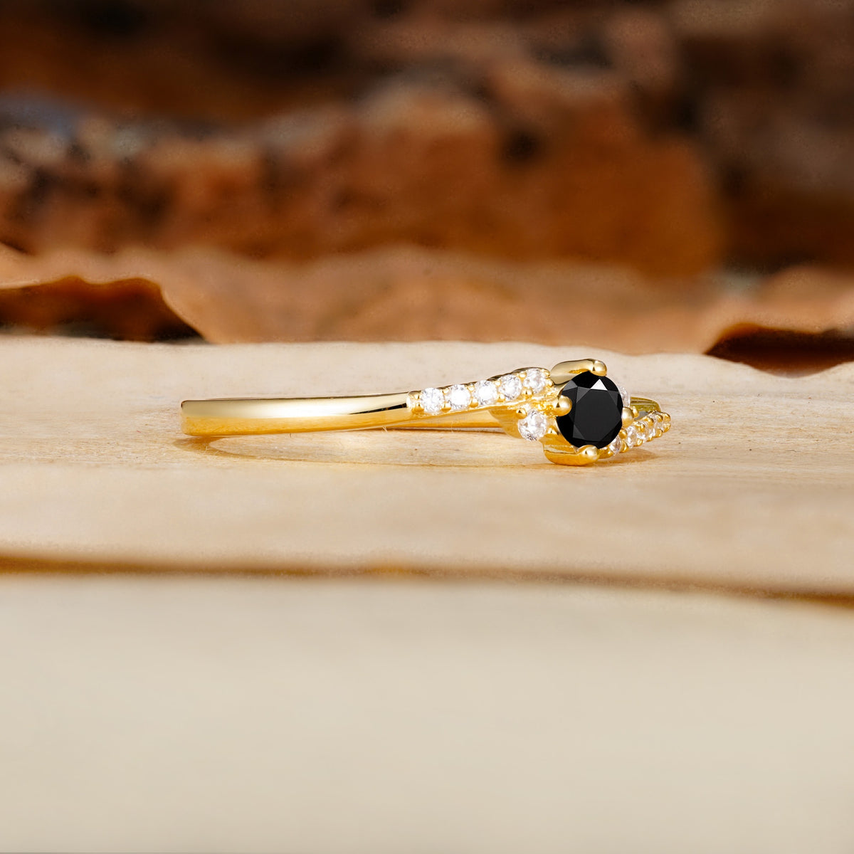 Simple Classic 4-Prong Round Cut Black Onyx Side Stone Engagement Ring - Additional view