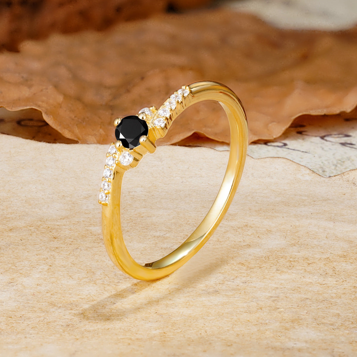 Simple Classic 4-Prong Round Cut Black Onyx Side Stone Engagement Ring - Additional view
