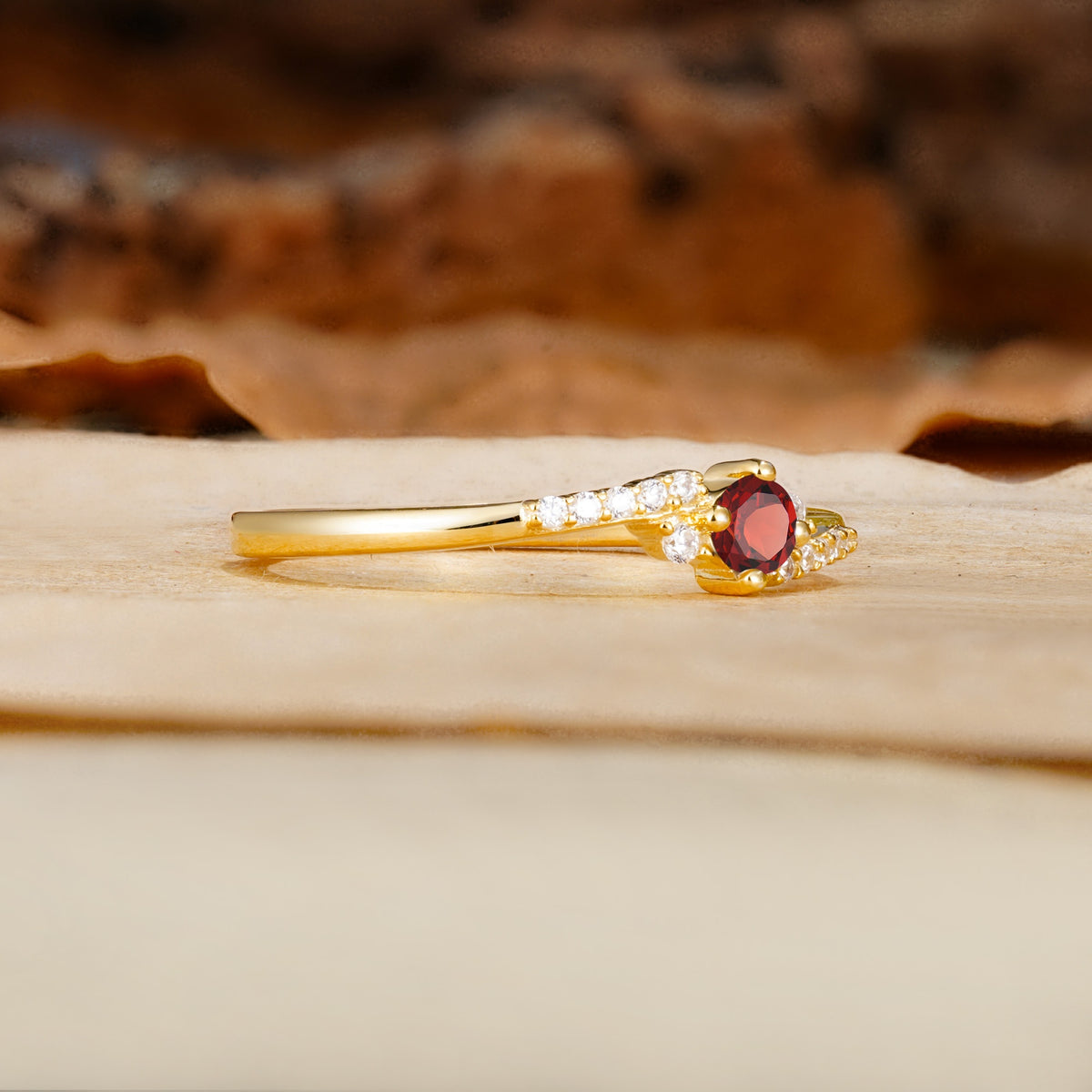 Simple Classic 4-Prong Round Cut Garnet Side Stone Engagement Ring - Additional view