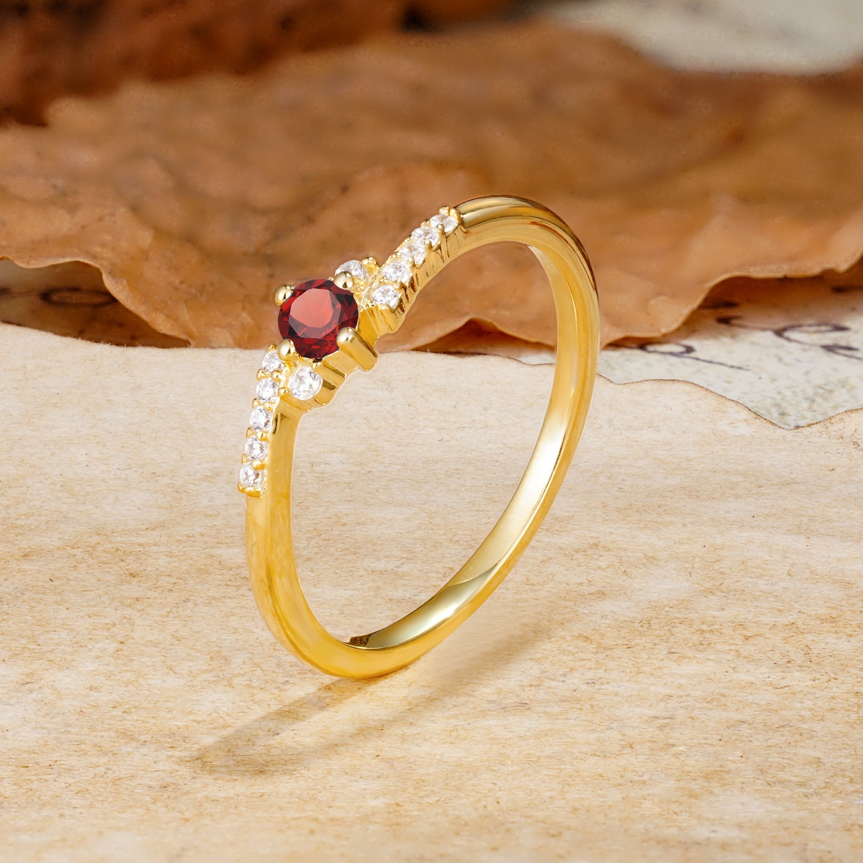 Simple Classic 4-Prong Round Cut Garnet Side Stone Engagement Ring - Additional view