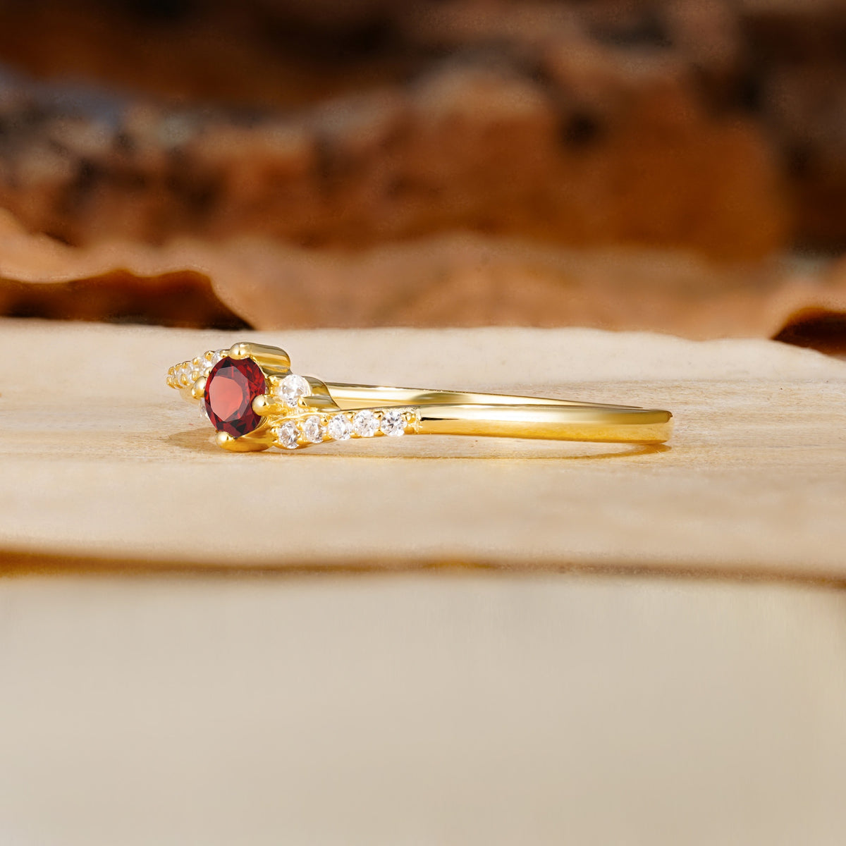 Simple Classic 4-Prong Round Cut Garnet Side Stone Engagement Ring - Additional view