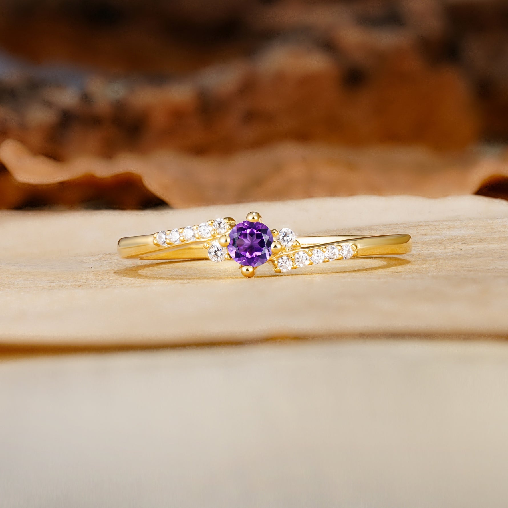 Simple Classic 4-Prong Round Cut Amethyst Side Stone Engagement Ring - Additional view