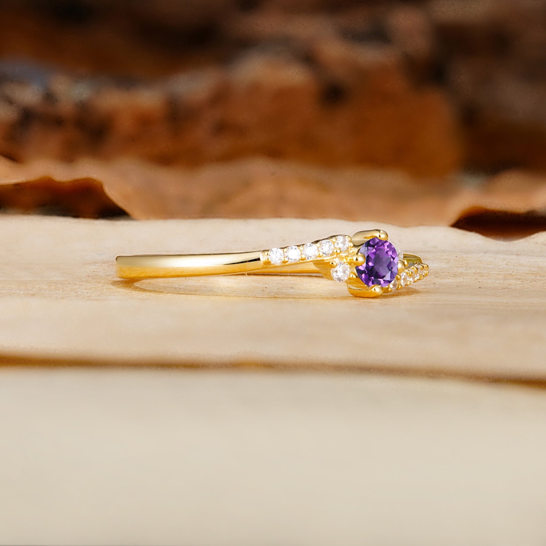 Simple Classic 4-Prong Round Cut Amethyst Side Stone Engagement Ring - Additional view