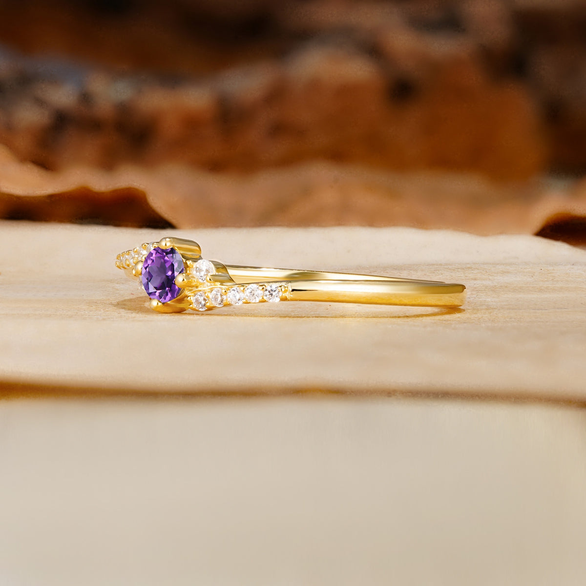 Simple Classic 4-Prong Round Cut Amethyst Side Stone Engagement Ring - Additional view