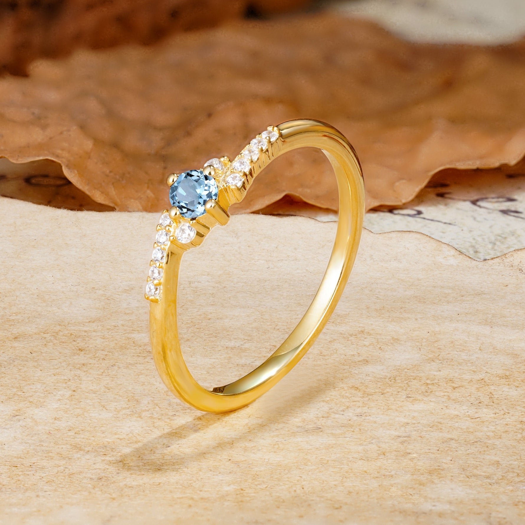 Simple Classic 4-Prong Round Cut Aquamarine Side Stone Engagement Ring - Additional view