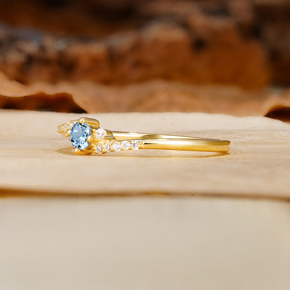 Simple Classic 4-Prong Round Cut Aquamarine Side Stone Engagement Ring - Additional view