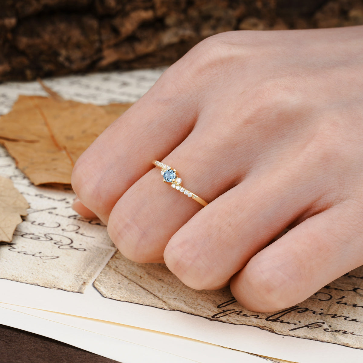Simple Classic 4-Prong Round Cut Aquamarine Side Stone Engagement Ring - Additional view