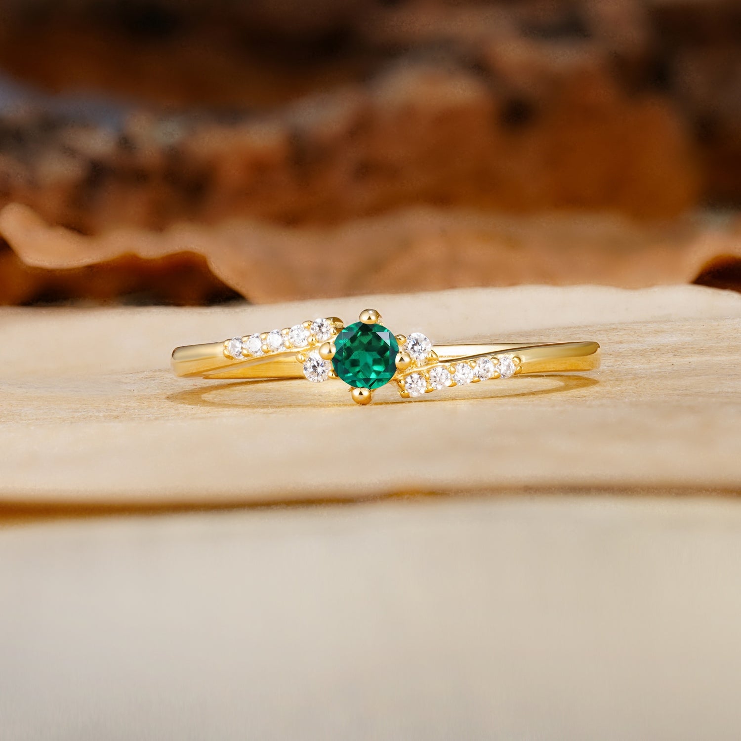 Simple Classic 4-Prong Round Cut Emerald Side Stone Engagement Ring - Additional view
