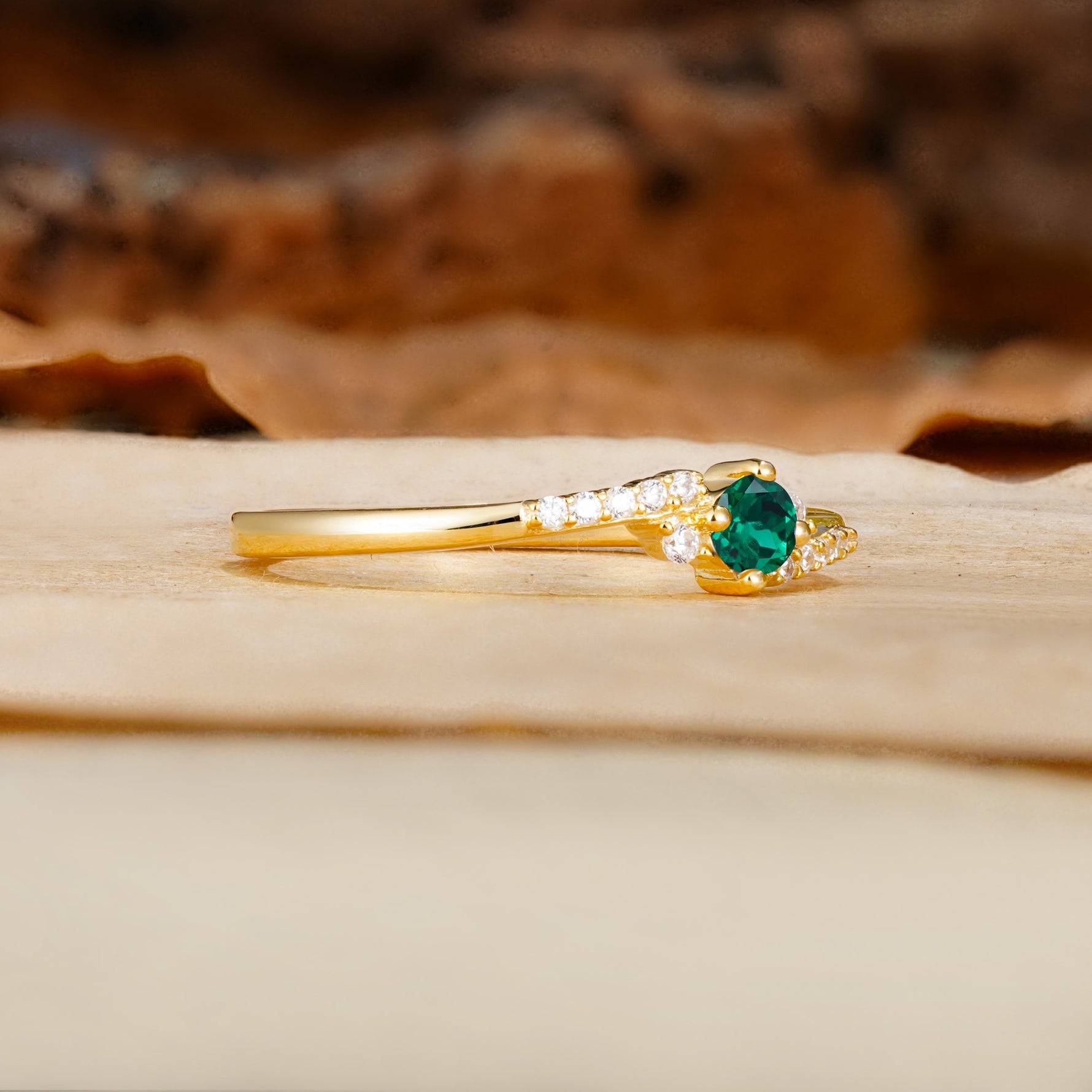 Simple Classic 4-Prong Round Cut Emerald Side Stone Engagement Ring - Additional view
