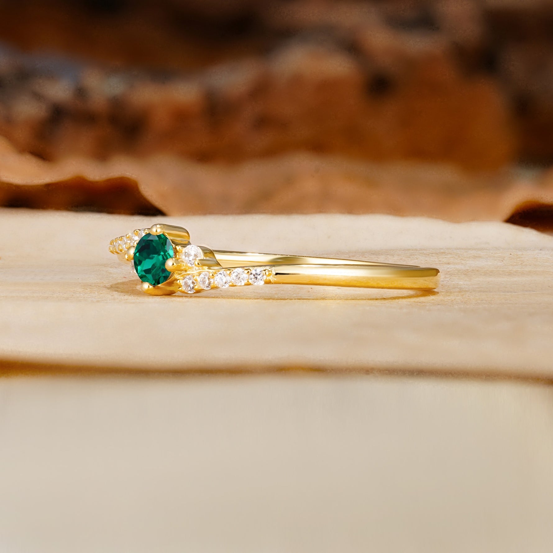 Simple Classic 4-Prong Round Cut Emerald Side Stone Engagement Ring - Additional view