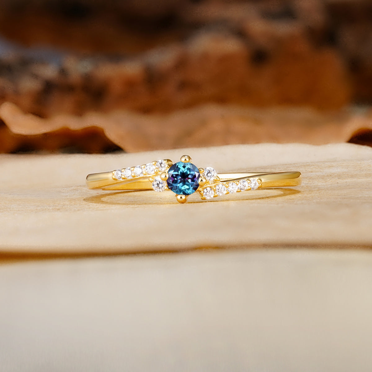 Simple Classic 4-Prong Round Cut Alexandrite Side Stone Engagement Ring - Additional view