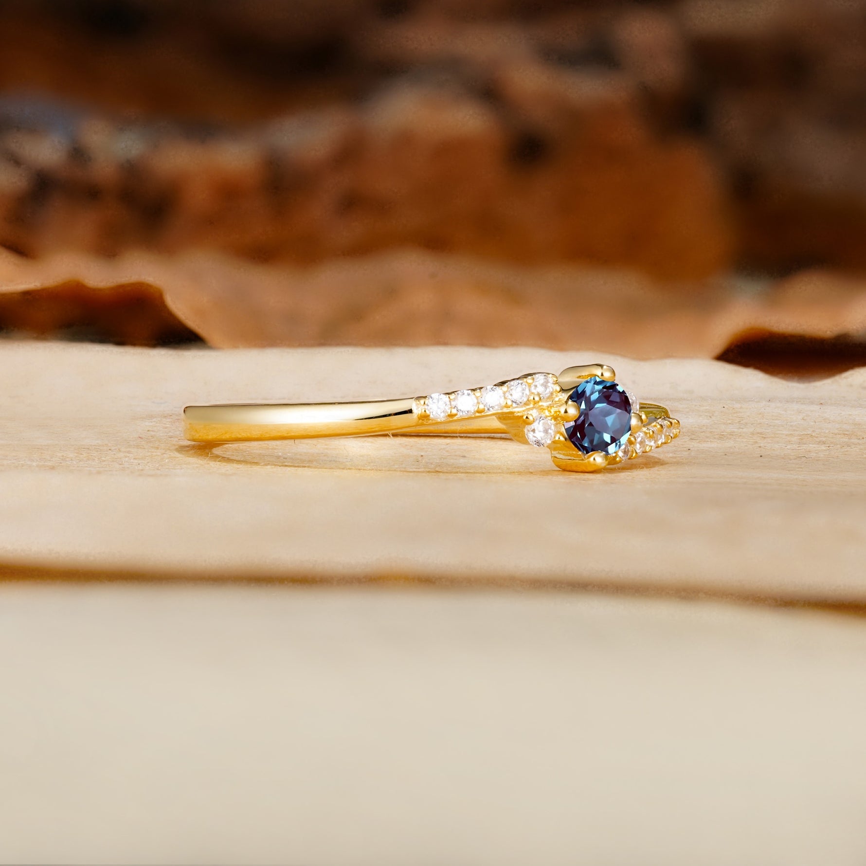 Simple Classic 4-Prong Round Cut Alexandrite Side Stone Engagement Ring - Additional view