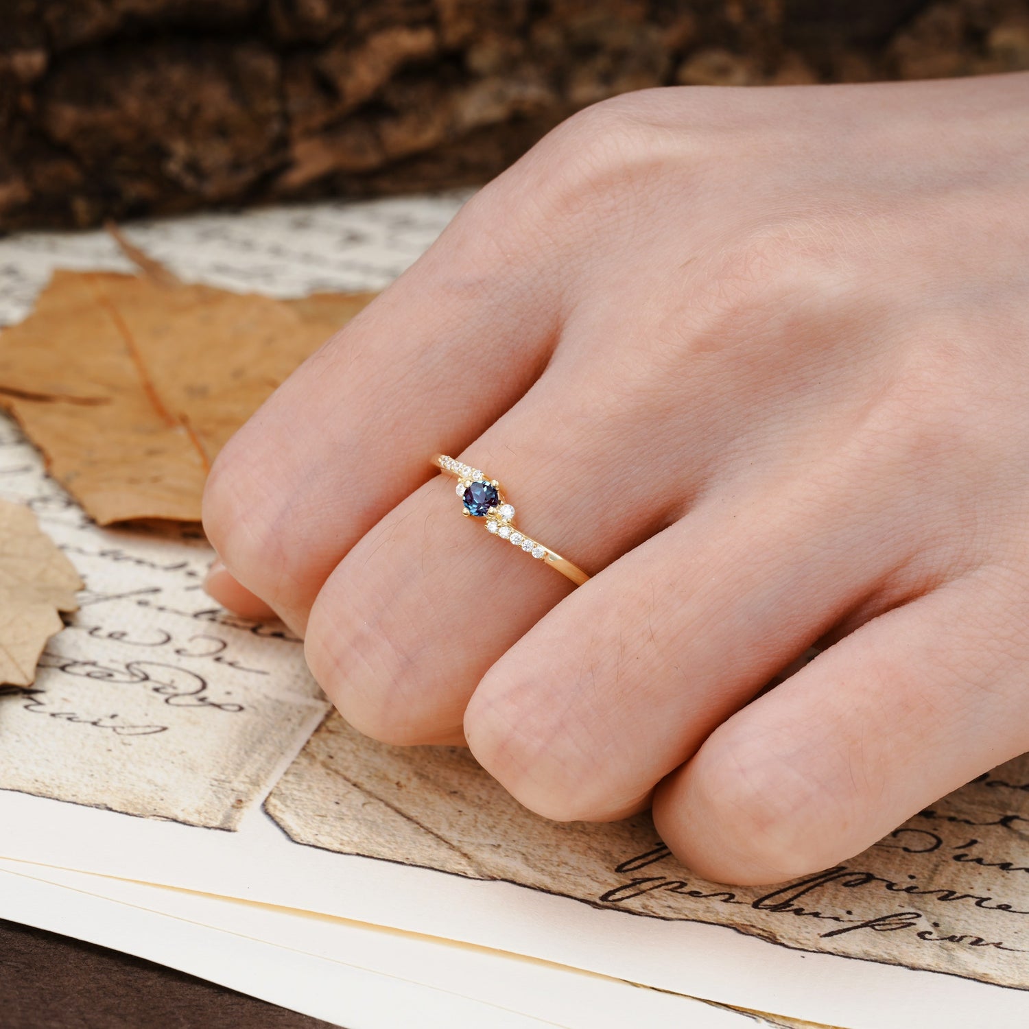 Simple Classic 4-Prong Round Cut Alexandrite Side Stone Engagement Ring - Additional view