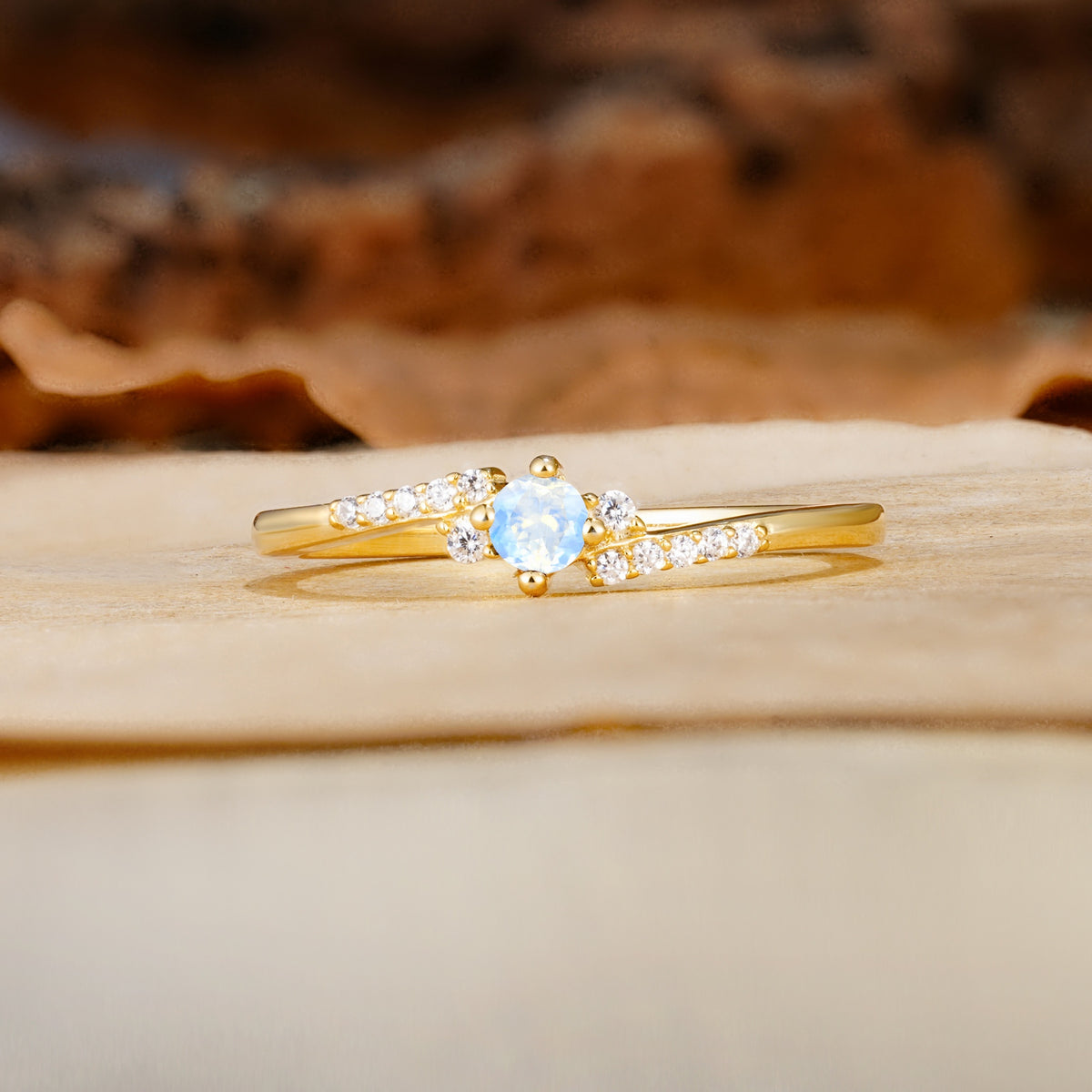 Simple Classic 4-Prong Round Cut Moonstone Side Stone Engagement Ring - Additional view