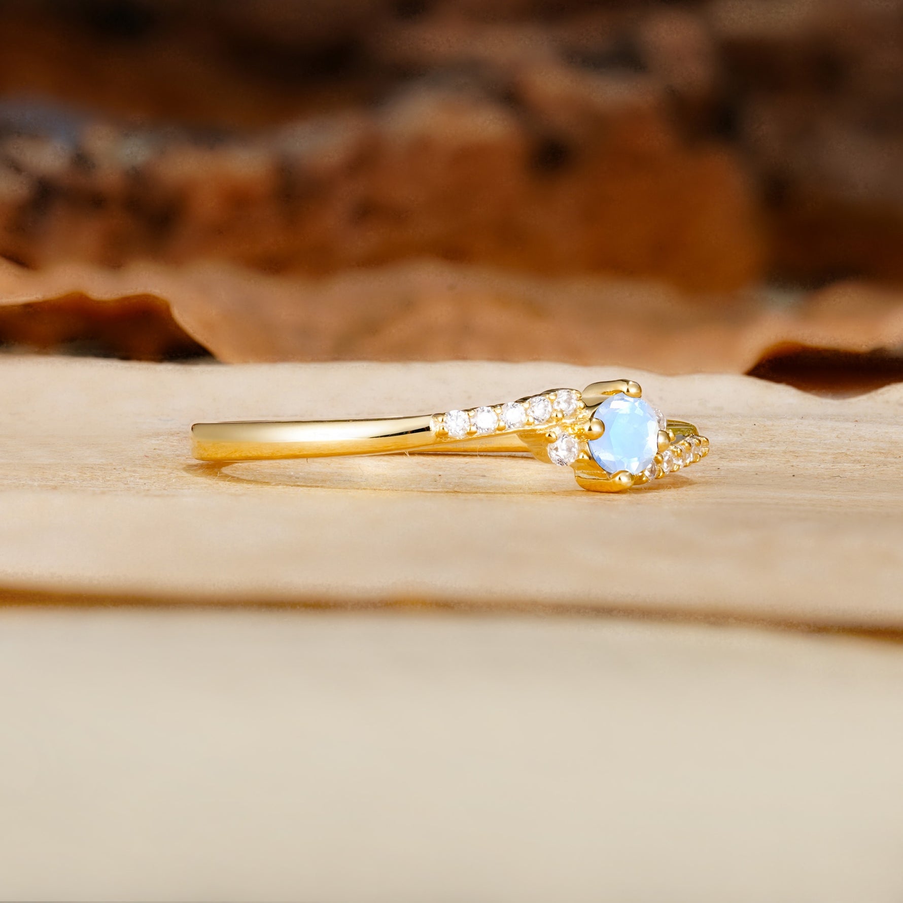 Simple Classic 4-Prong Round Cut Moonstone Side Stone Engagement Ring - Additional view