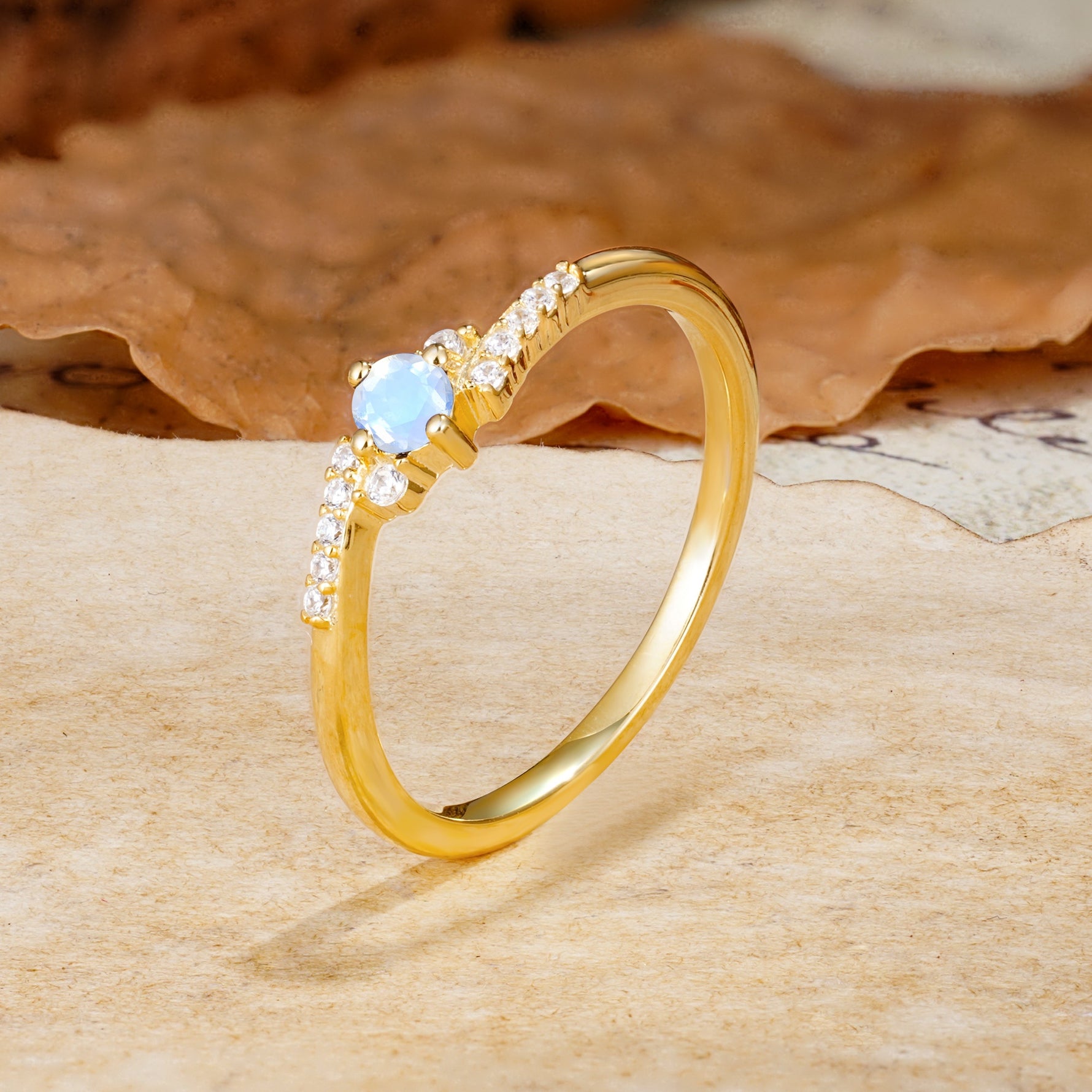 Simple Classic 4-Prong Round Cut Moonstone Side Stone Engagement Ring - Additional view