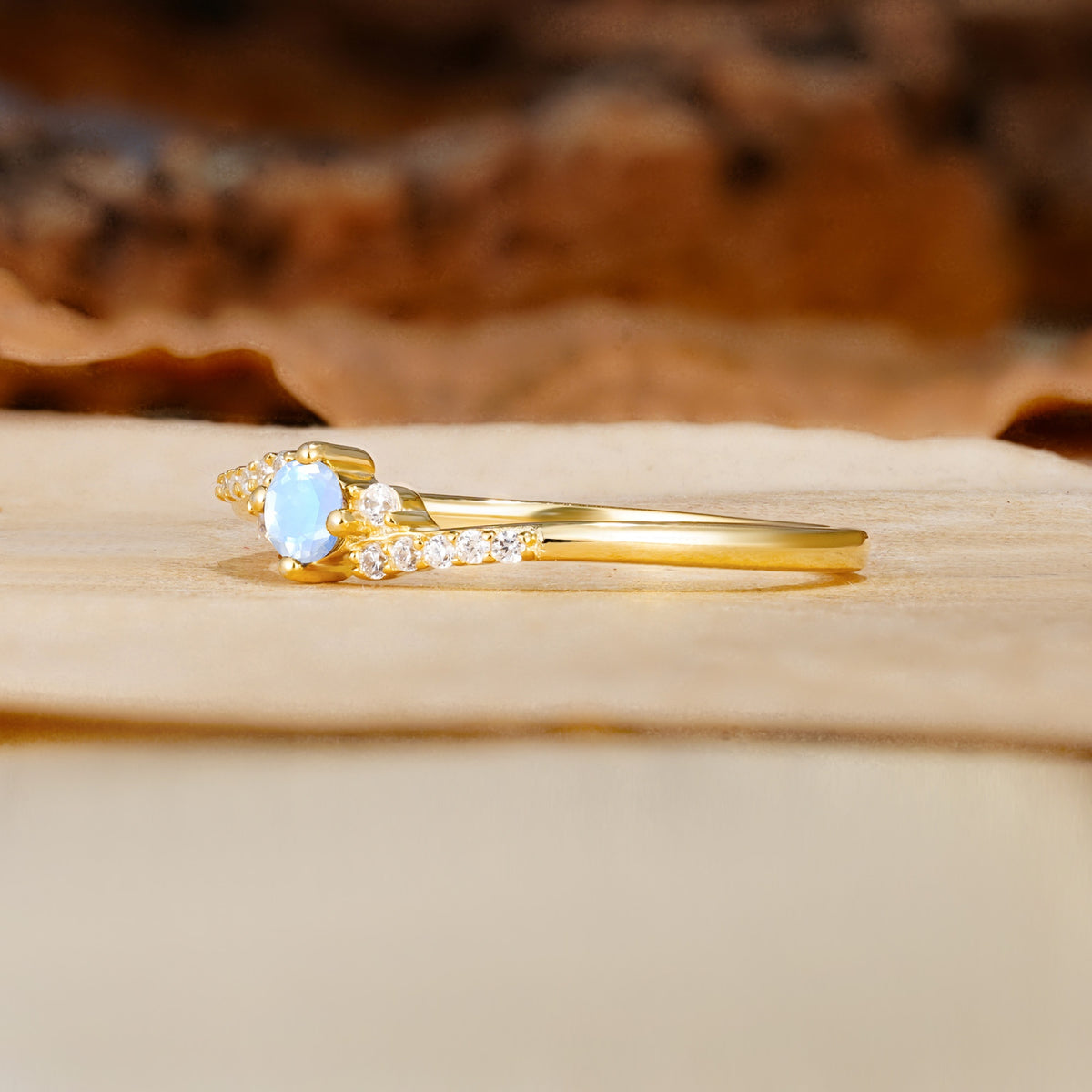 Simple Classic 4-Prong Round Cut Moonstone Side Stone Engagement Ring - Additional view