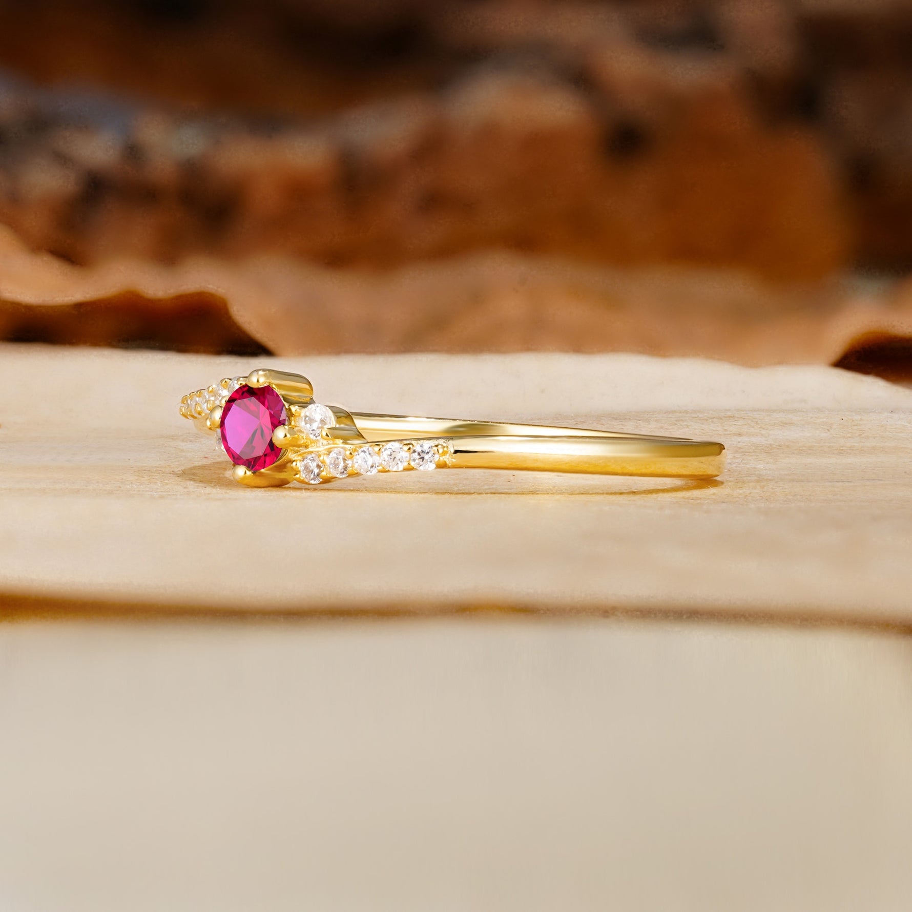 Simple Classic 4-Prong Round Cut Ruby Side Stone Engagement Ring - Additional view