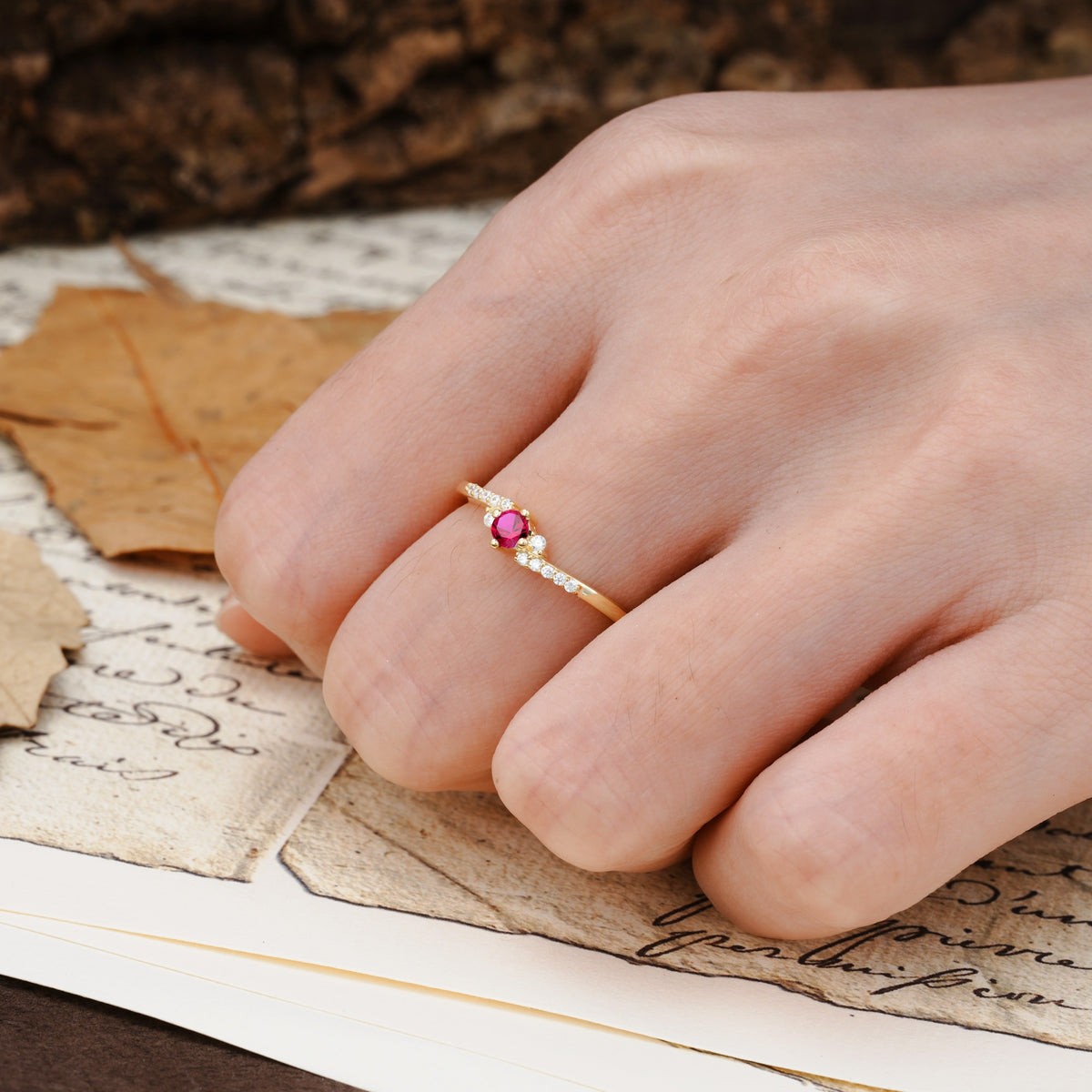 Simple Classic 4-Prong Round Cut Ruby Side Stone Engagement Ring - Additional view