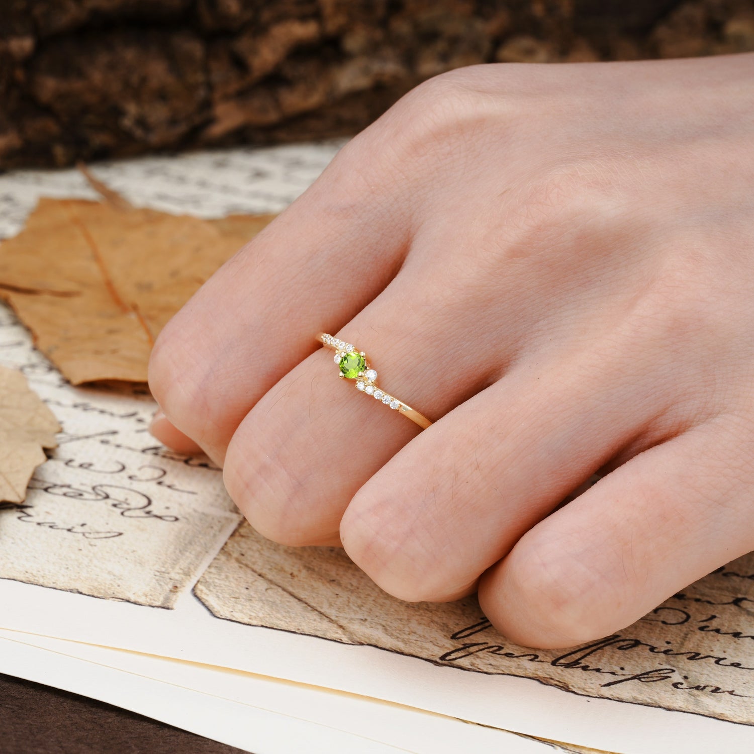 Simple Classic 4-Prong Round Cut Peridot Side Stone Engagement Ring - Additional view