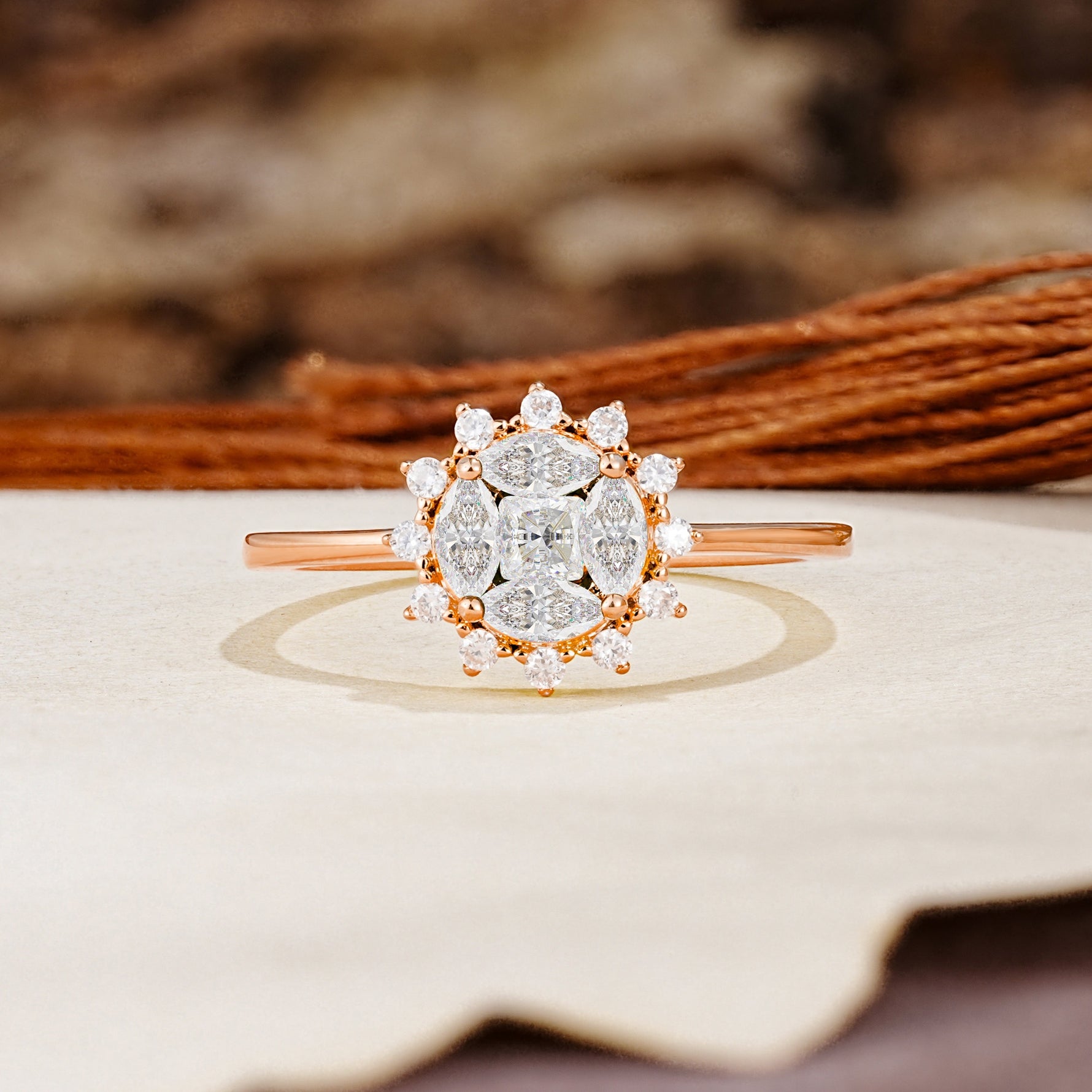 Nature-Inspired Multi-Stone Flower Design with Princess Cut Moissanite Wedding Ring - Additional view