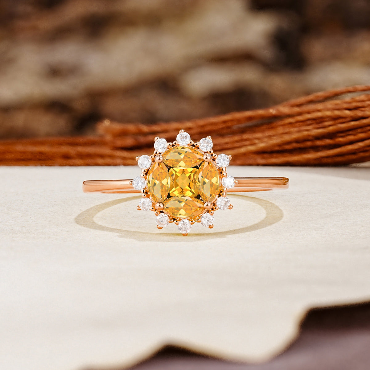 Nature-Inspired Multi-Stone Flower Design with Princess Cut Citrine Wedding Ring - Additional view