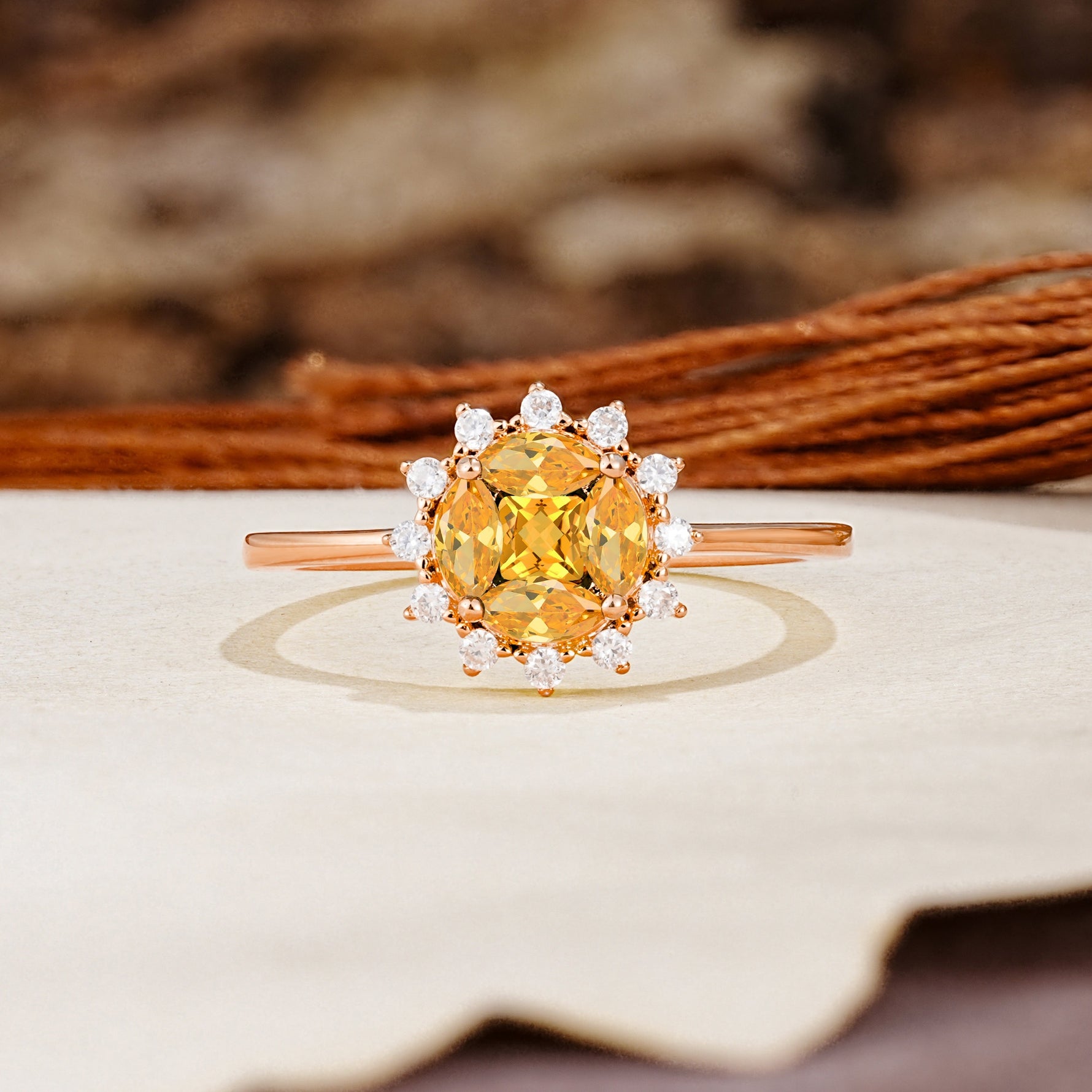Nature-Inspired Multi-Stone Flower Design with Princess Cut Citrine Wedding Ring - Additional view