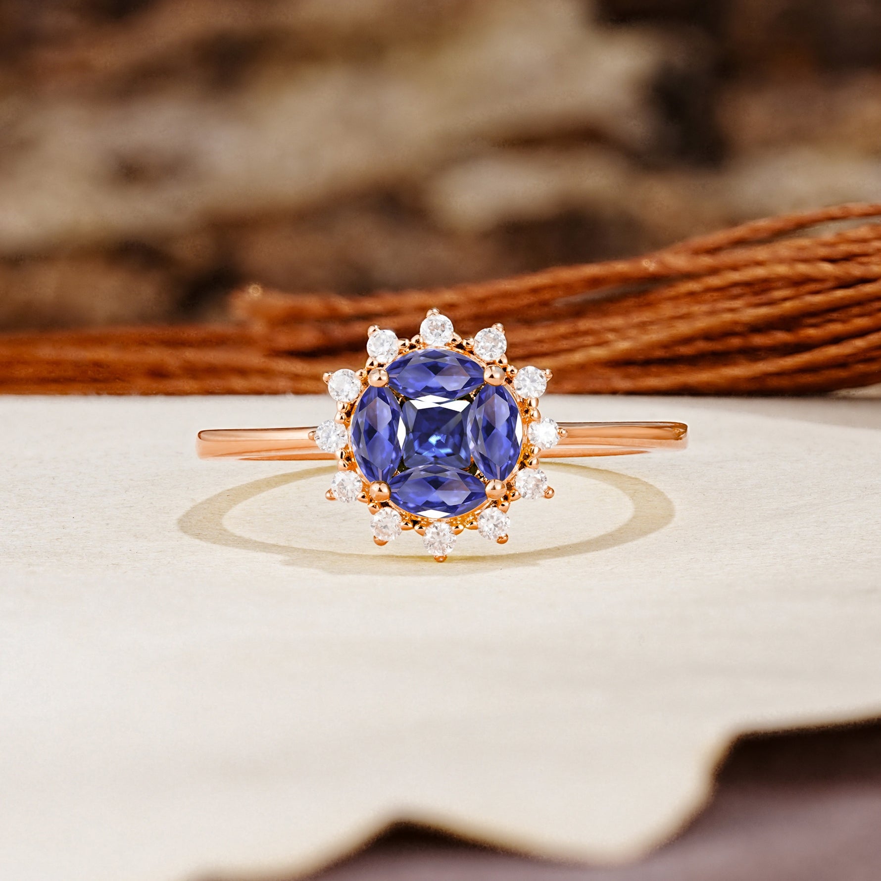 Nature-Inspired Multi-Stone Flower Design with Princess Cut Tanzanite Wedding Ring - Additional view