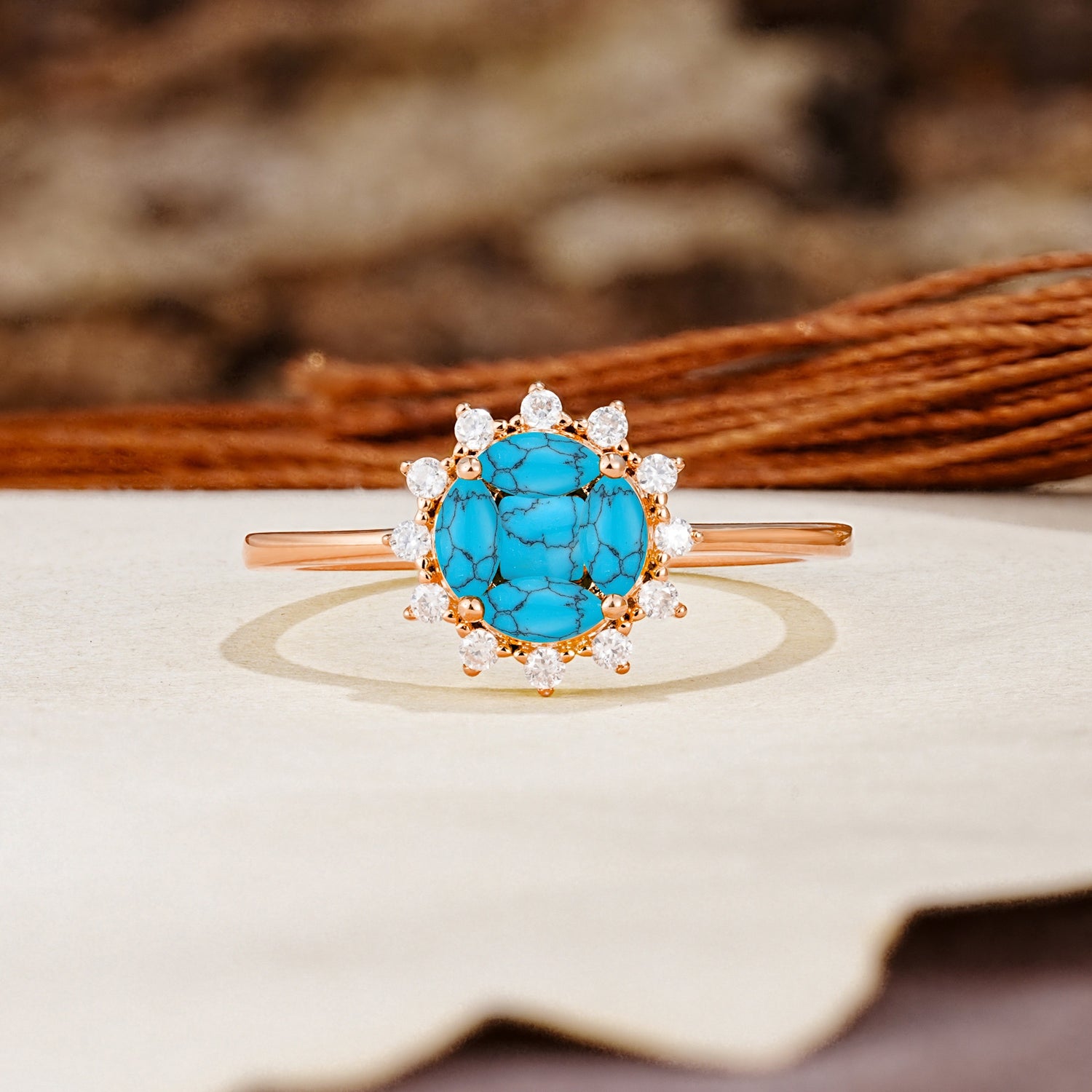 Nature-Inspired Multi-Stone Flower Design with Princess Cut Turquoise Wedding Ring - Additional view