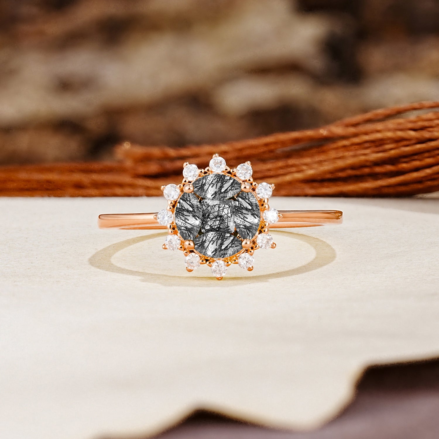 Nature-Inspired Multi-Stone Flower Design with Princess Cut Black Rutilated Quartz Wedding Ring - Additional view