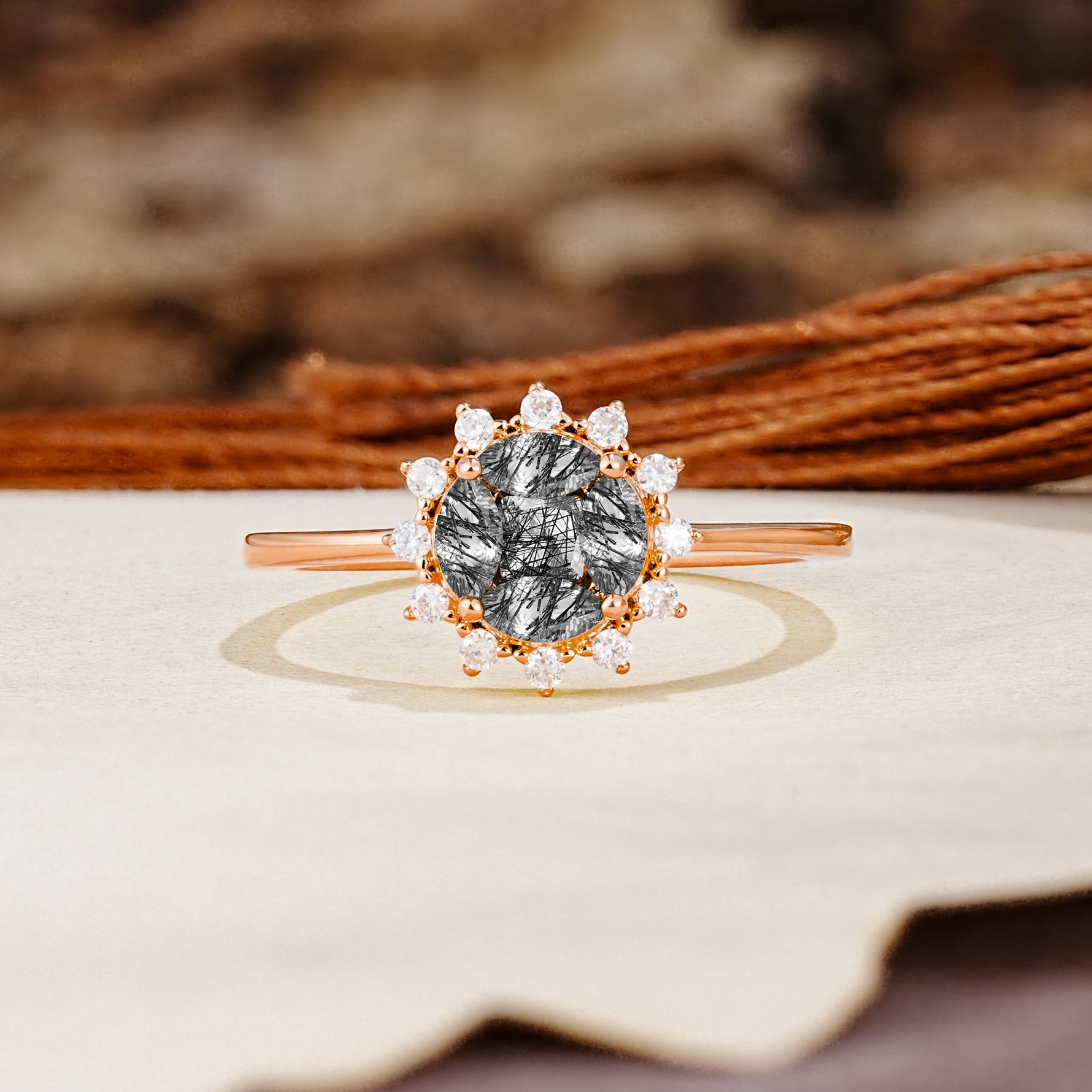 Nature-Inspired Multi-Stone Flower Design with Princess Cut Black Rutilated Quartz Wedding Ring - Additional view