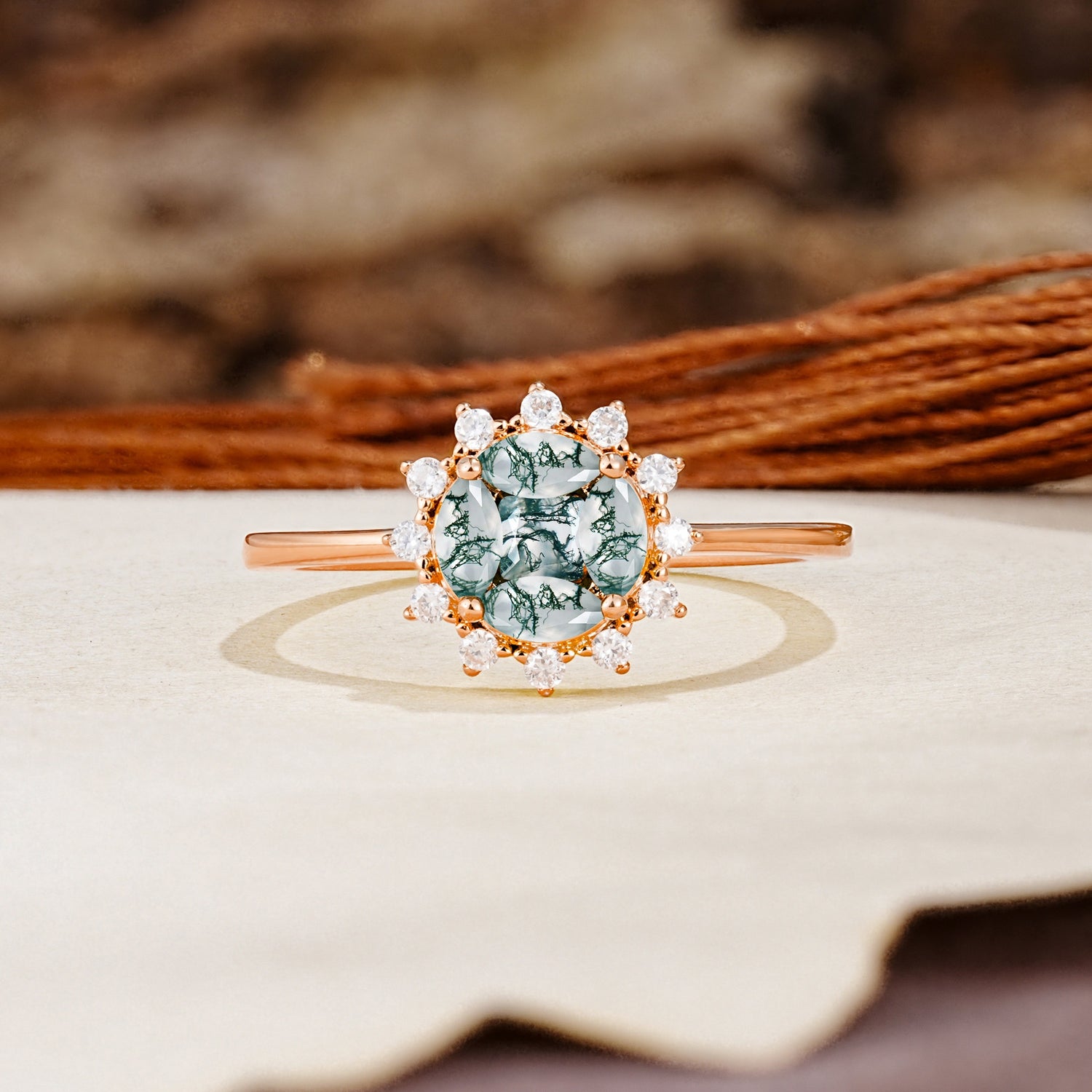 Nature-Inspired Multi-Stone Flower Design with Princess Cut Moss Agate Wedding Ring - Additional view