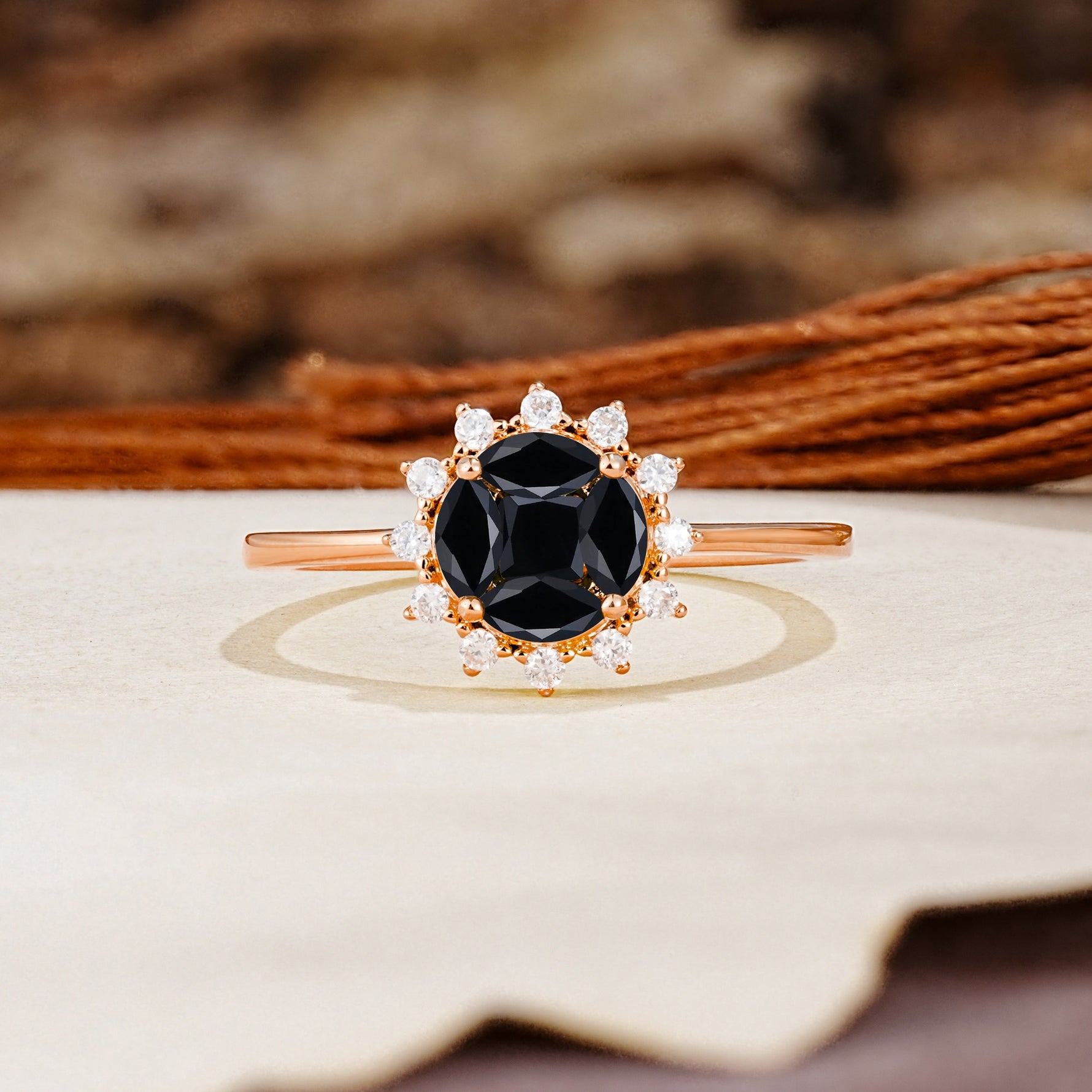 Nature-Inspired Multi-Stone Flower Design with Princess Cut Black Onyx Wedding Ring - Additional view