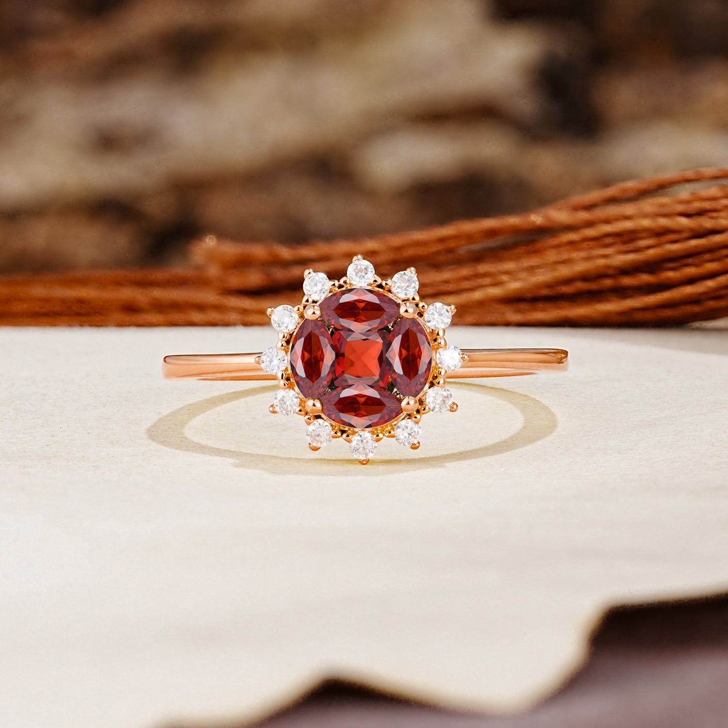 Nature-Inspired Multi-Stone Flower Design with Princess Cut Garnet Wedding Ring - Additional view