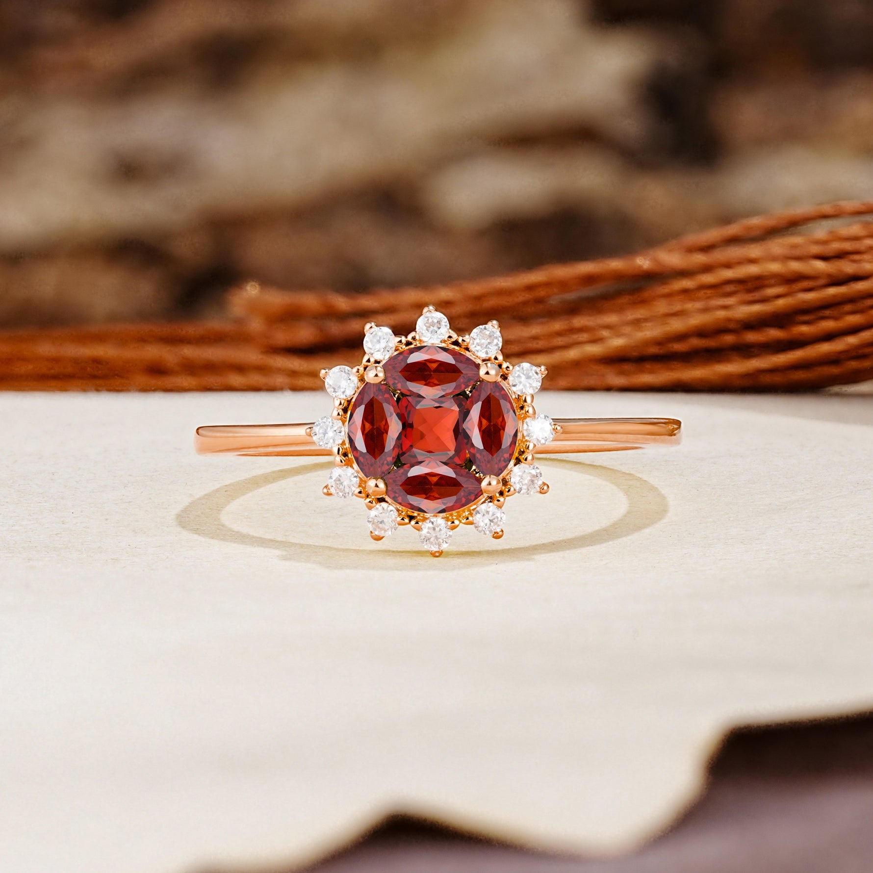 Nature-Inspired Multi-Stone Flower Design with Princess Cut Garnet Wedding Ring - Additional view