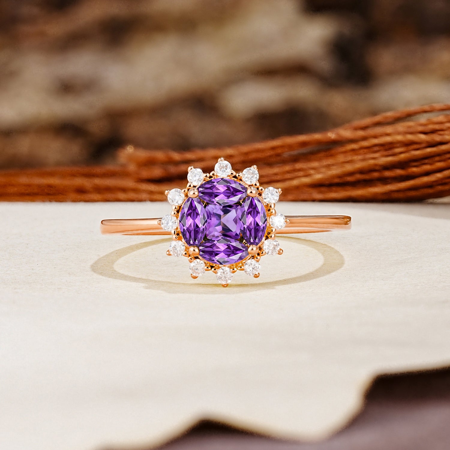Nature-Inspired Multi-Stone Flower Design with Princess Cut Amethyst Wedding Ring - Additional view