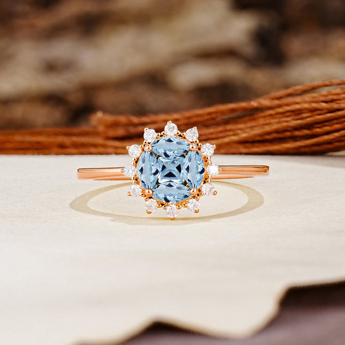 Nature-Inspired Multi-Stone Flower Design with Princess Cut Aquamarine Wedding Ring - Additional view