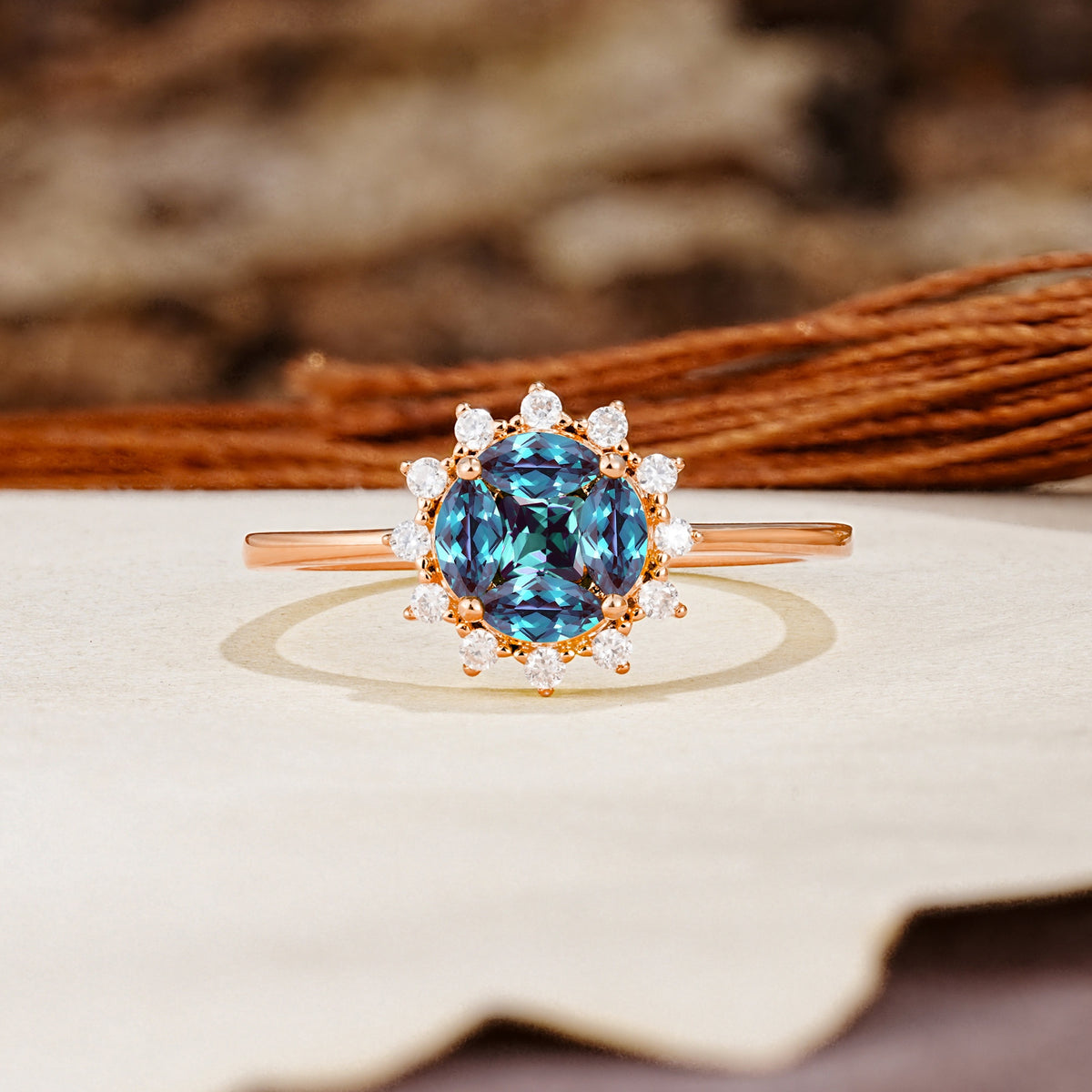 Nature-Inspired Multi-Stone Flower Design with Princess Cut Alexandrite Wedding Ring - Additional view