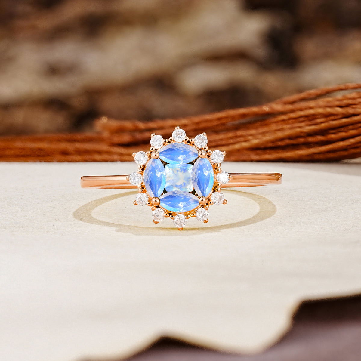 Nature-Inspired Multi-Stone Flower Design with Princess Cut Moonstone Wedding Ring - Additional view