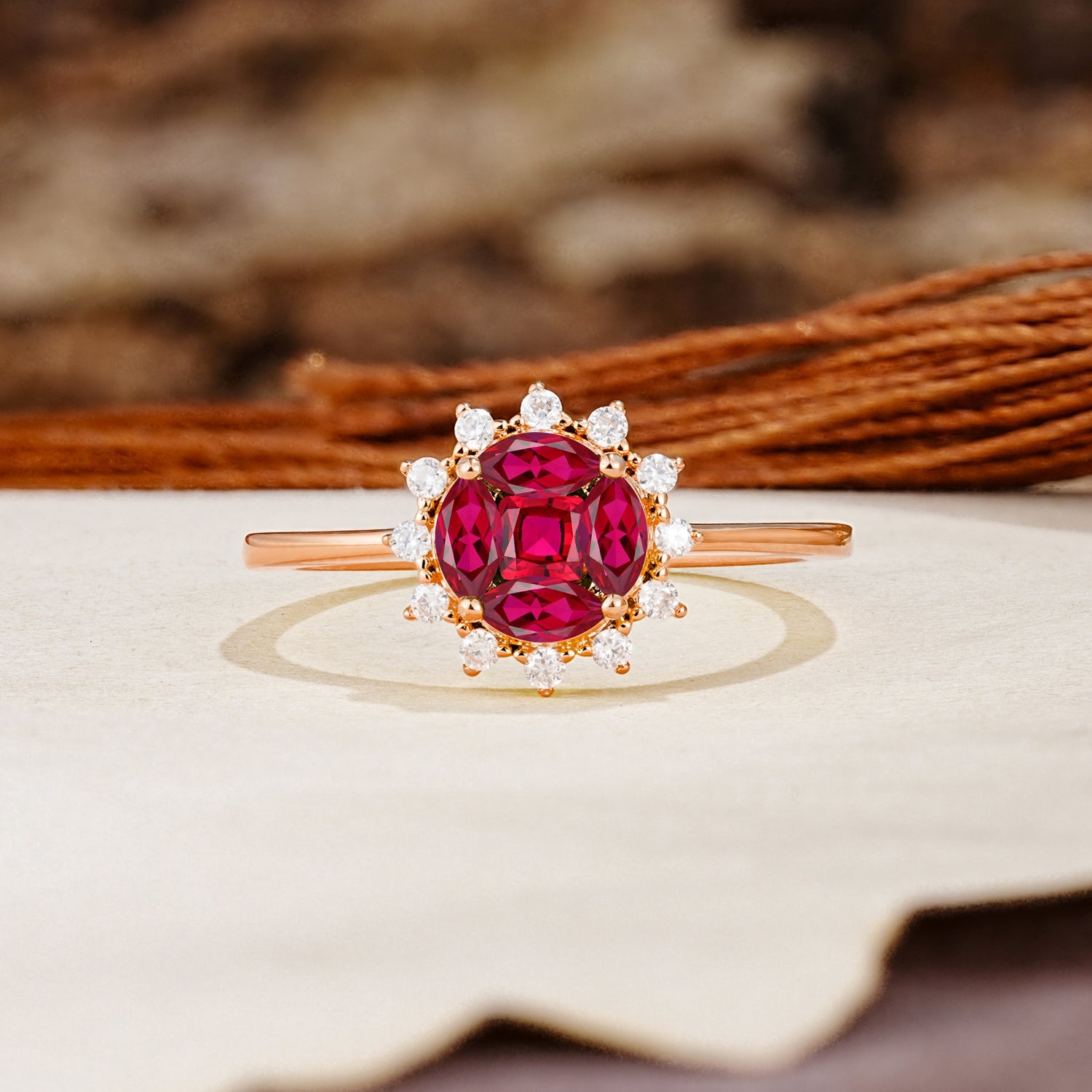 Nature-Inspired Multi-Stone Flower Design with Princess Cut Ruby Wedding Ring - Additional view