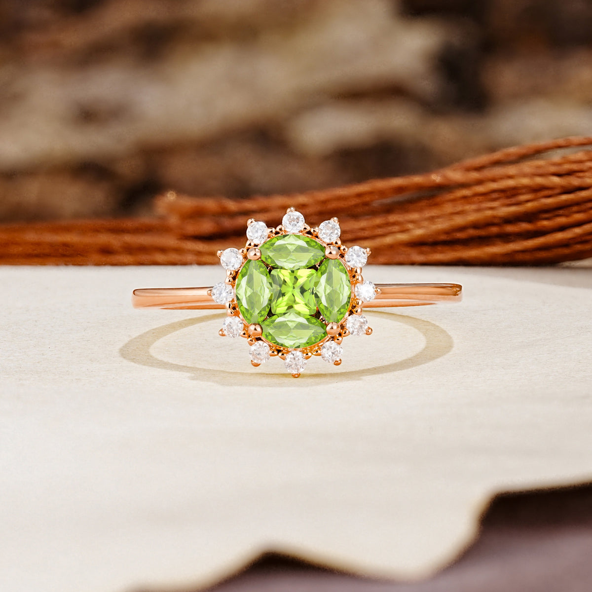 Nature-Inspired Multi-Stone Flower Design with Princess Cut Peridot Wedding Ring - Additional view