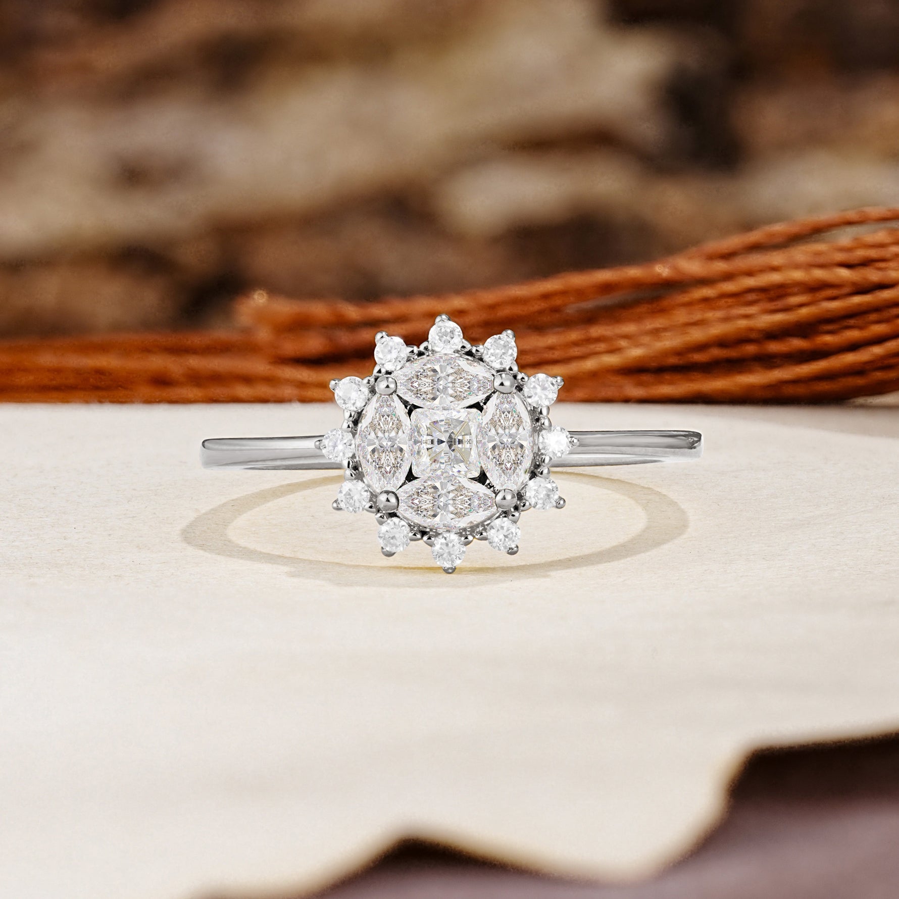Nature-Inspired Multi-Stone Flower Design with Princess Cut Moissanite Wedding Ring - Additional view
