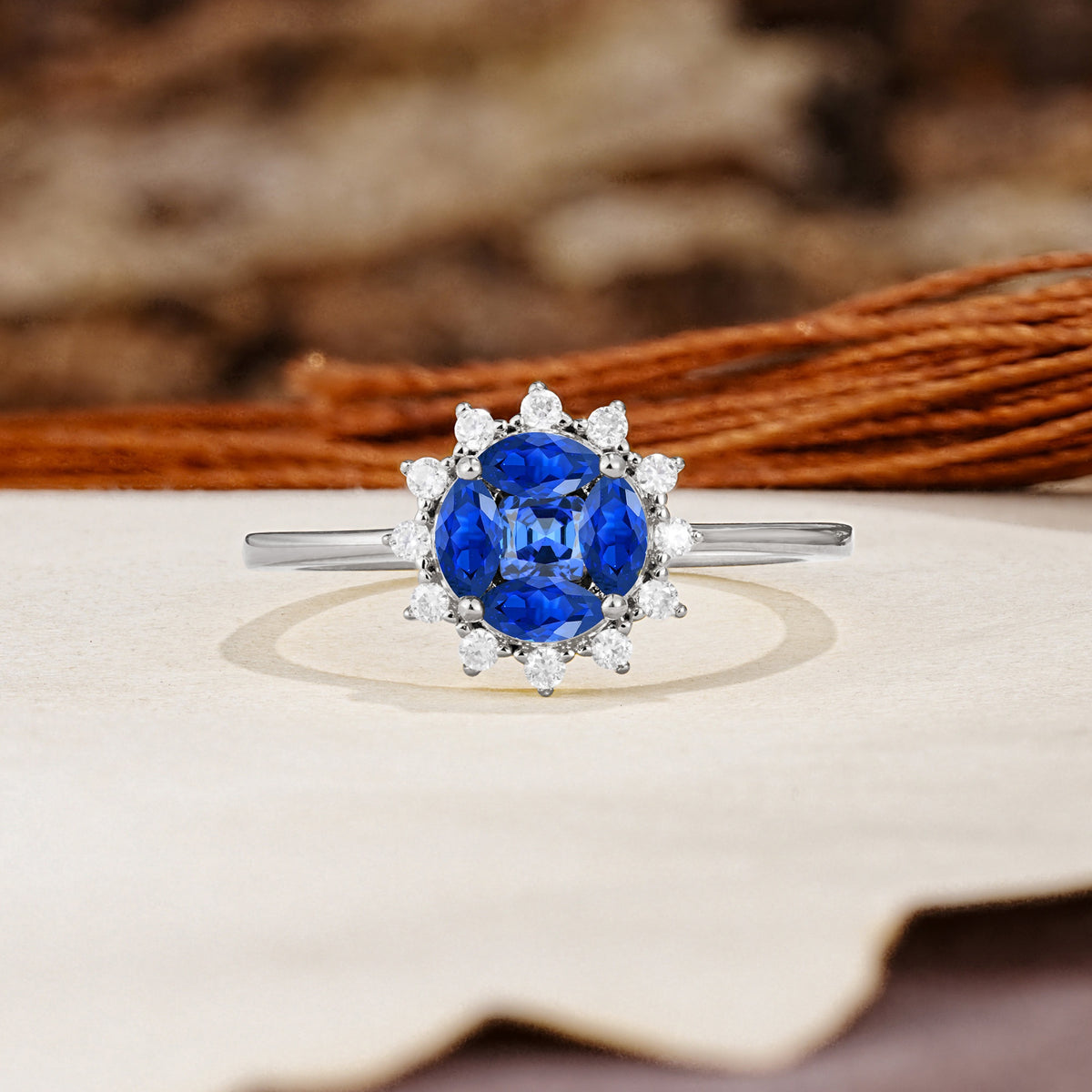 Nature-Inspired Multi-Stone Flower Design with Princess Cut Sapphire Wedding Ring - Additional view