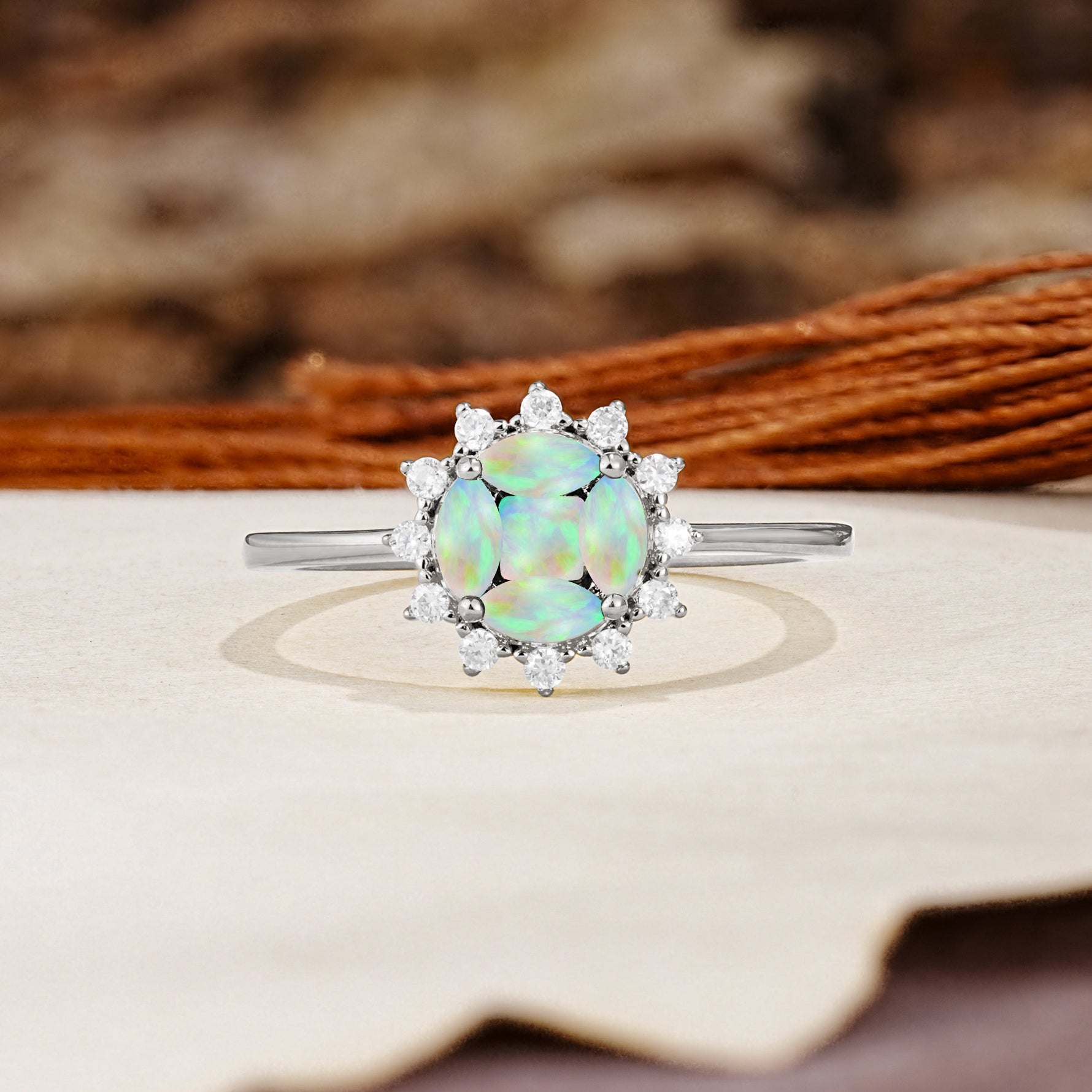 Nature-Inspired Multi-Stone Flower Design with Princess Cut Fire Opal Wedding Ring - Additional view