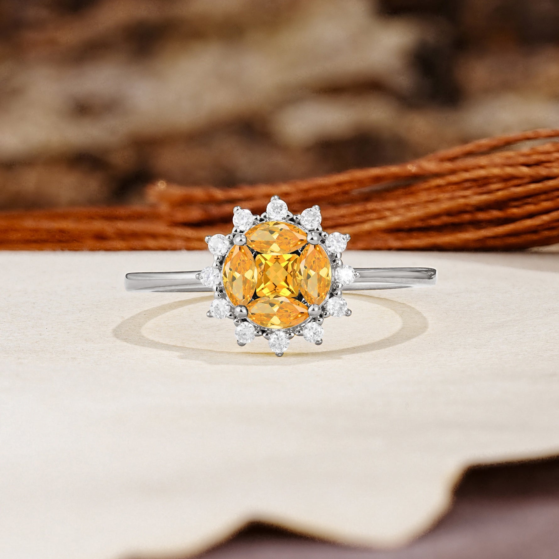 Nature-Inspired Multi-Stone Flower Design with Princess Cut Citrine Wedding Ring - Additional view