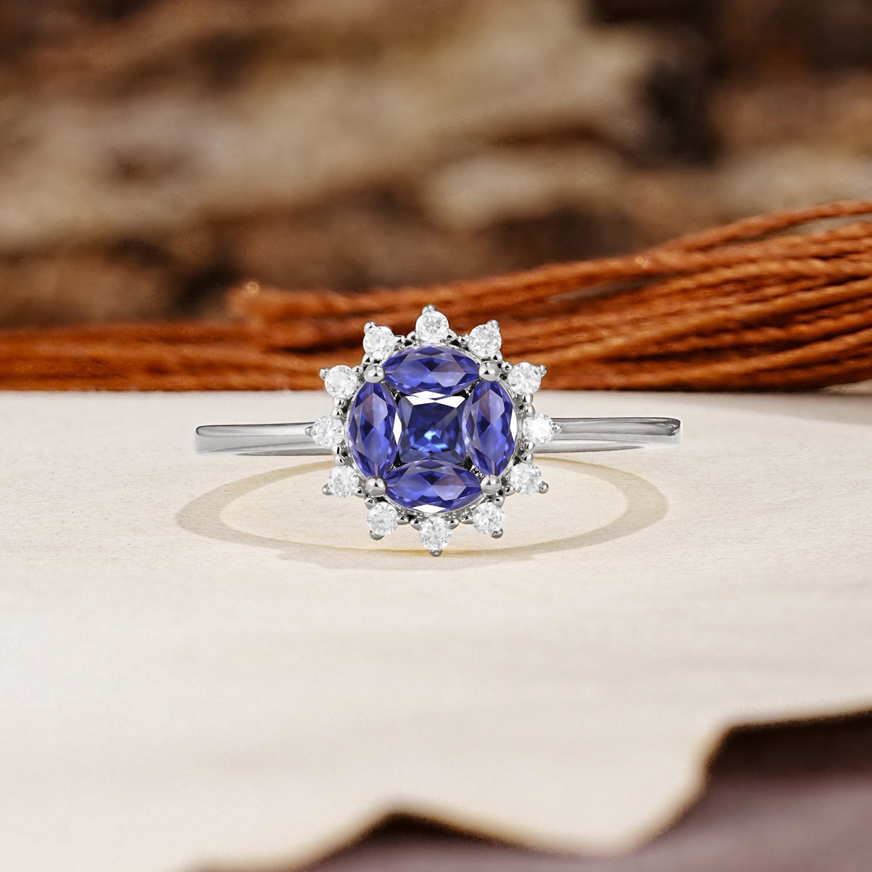 Nature-Inspired Multi-Stone Flower Design with Princess Cut Tanzanite Wedding Ring - Additional view