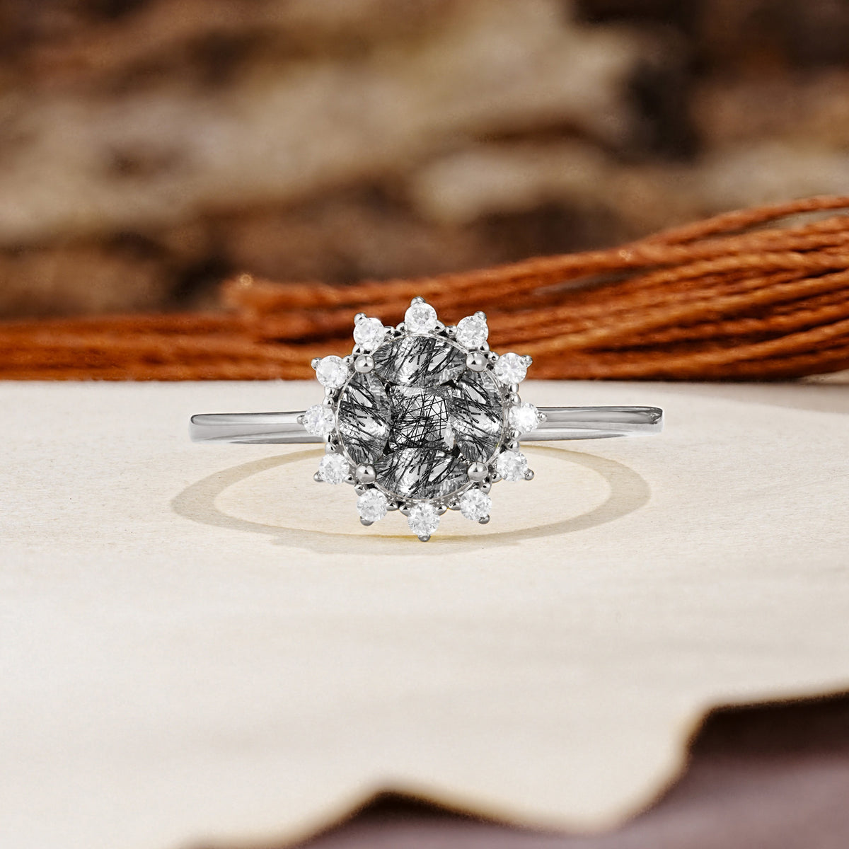 Nature-Inspired Multi-Stone Flower Design with Princess Cut Black Rutilated Quartz Wedding Ring - Additional view