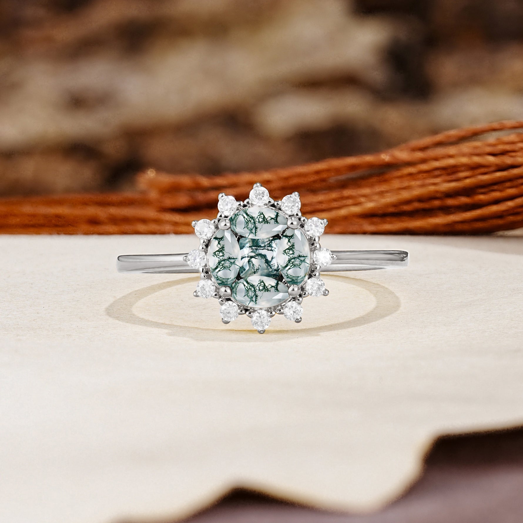 Nature-Inspired Multi-Stone Flower Design with Princess Cut Moss Agate Wedding Ring - Additional view